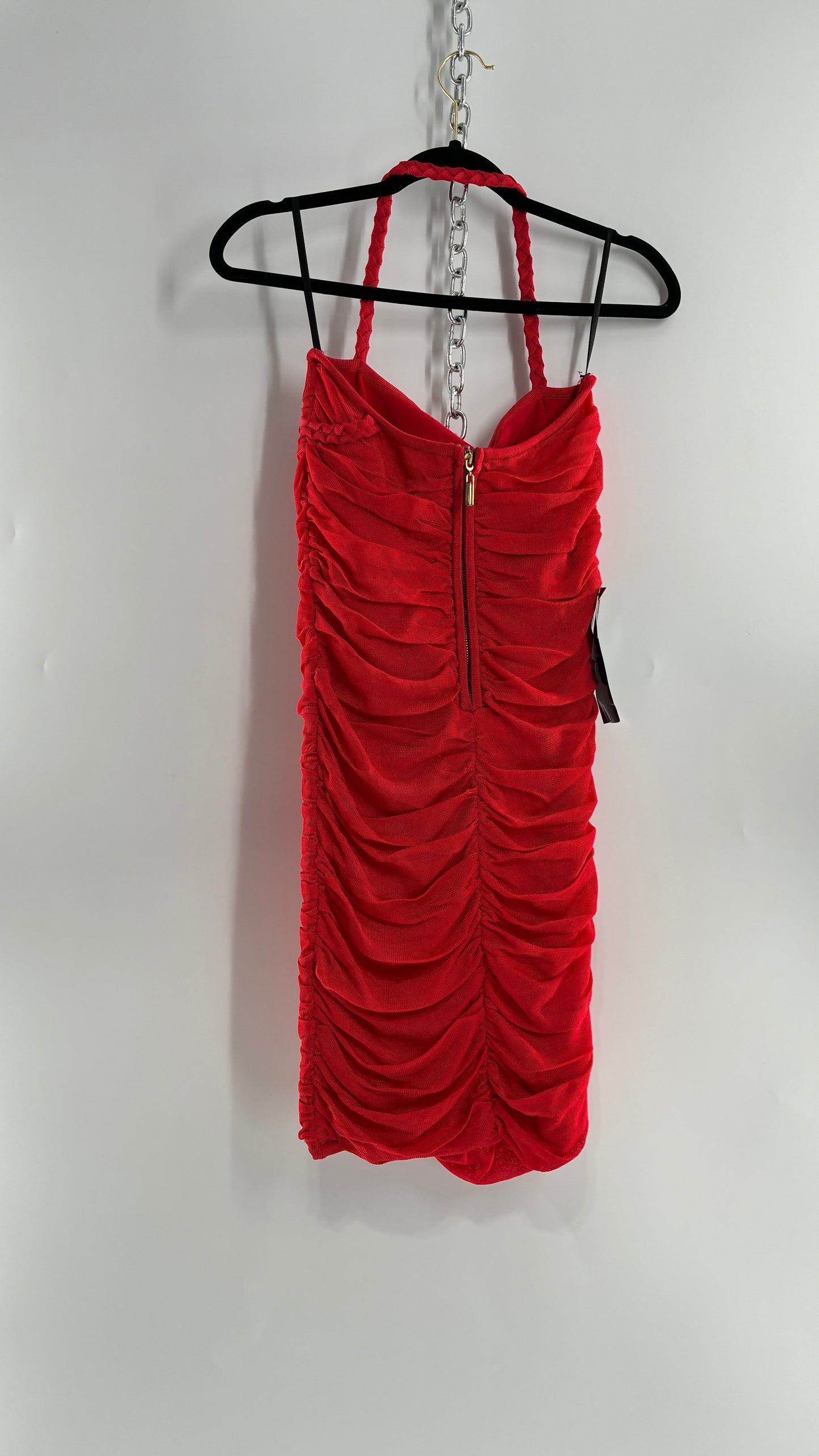 Deadstock Vintage BEBE Red Heavy/Thick Ruched and Roped Mini Dress (Medium)
