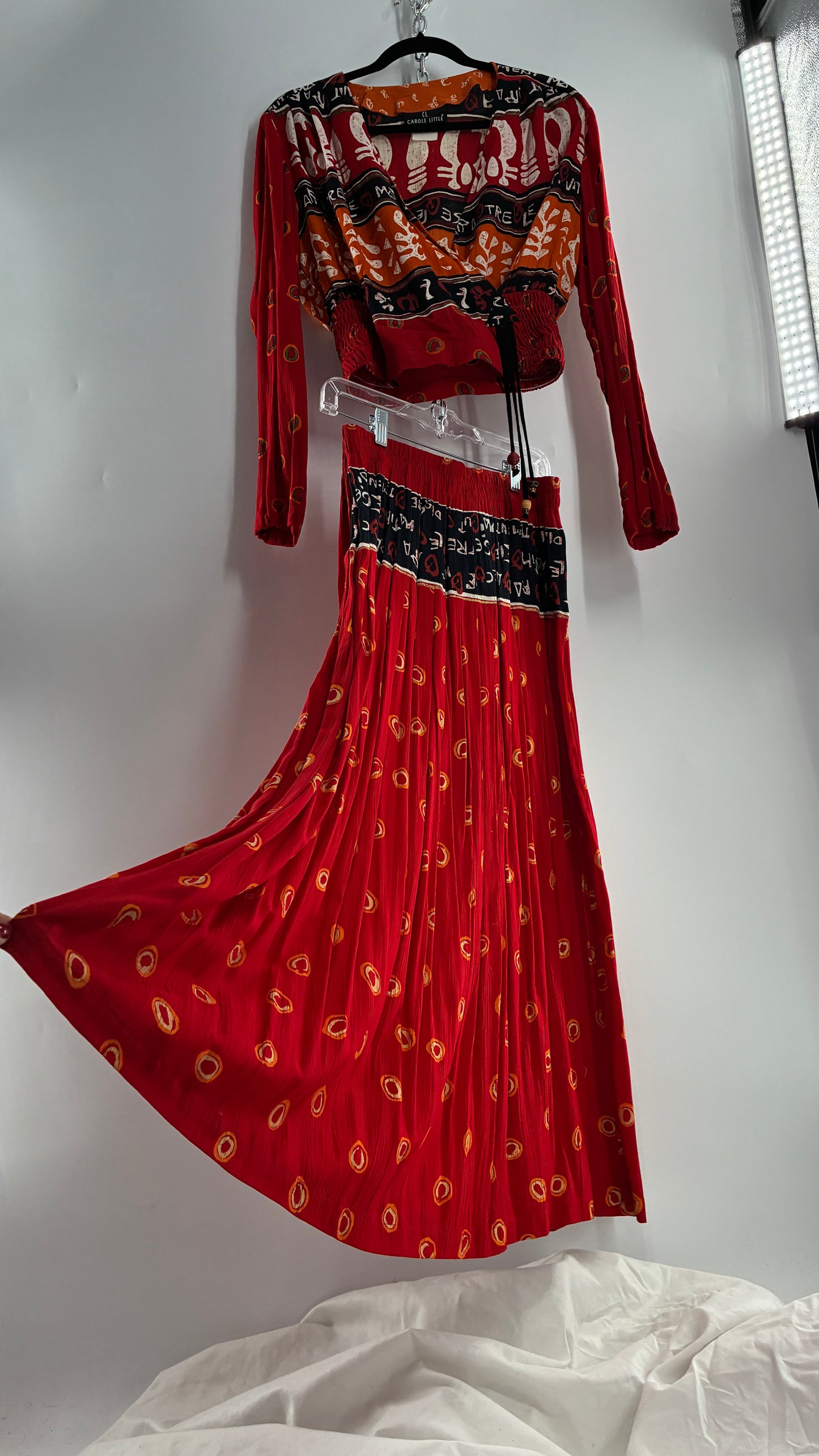Vintage CAROLE LITTLE Red 3pc Set, Cropped Blouse, Haram Pant and Skirt (Pants 4, Skirt 10, Top S)