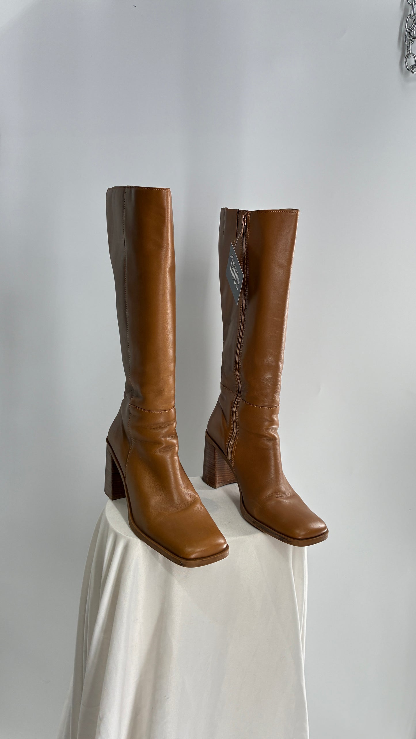 Vintage Strive Genuine Leather Square Toe Knee High Boots with Chunky Block Heel Made in Uruguay (9.5)