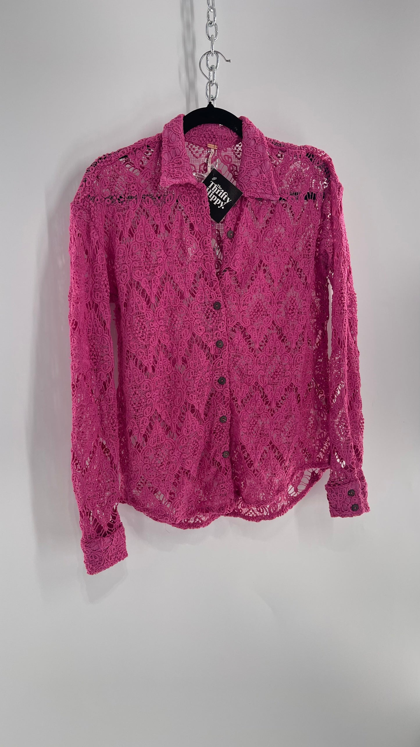 Free People Until Sunday Fuchsia Purple/ Pink Thick Lace Button Front Blouse with Coconut Buttons (XS)