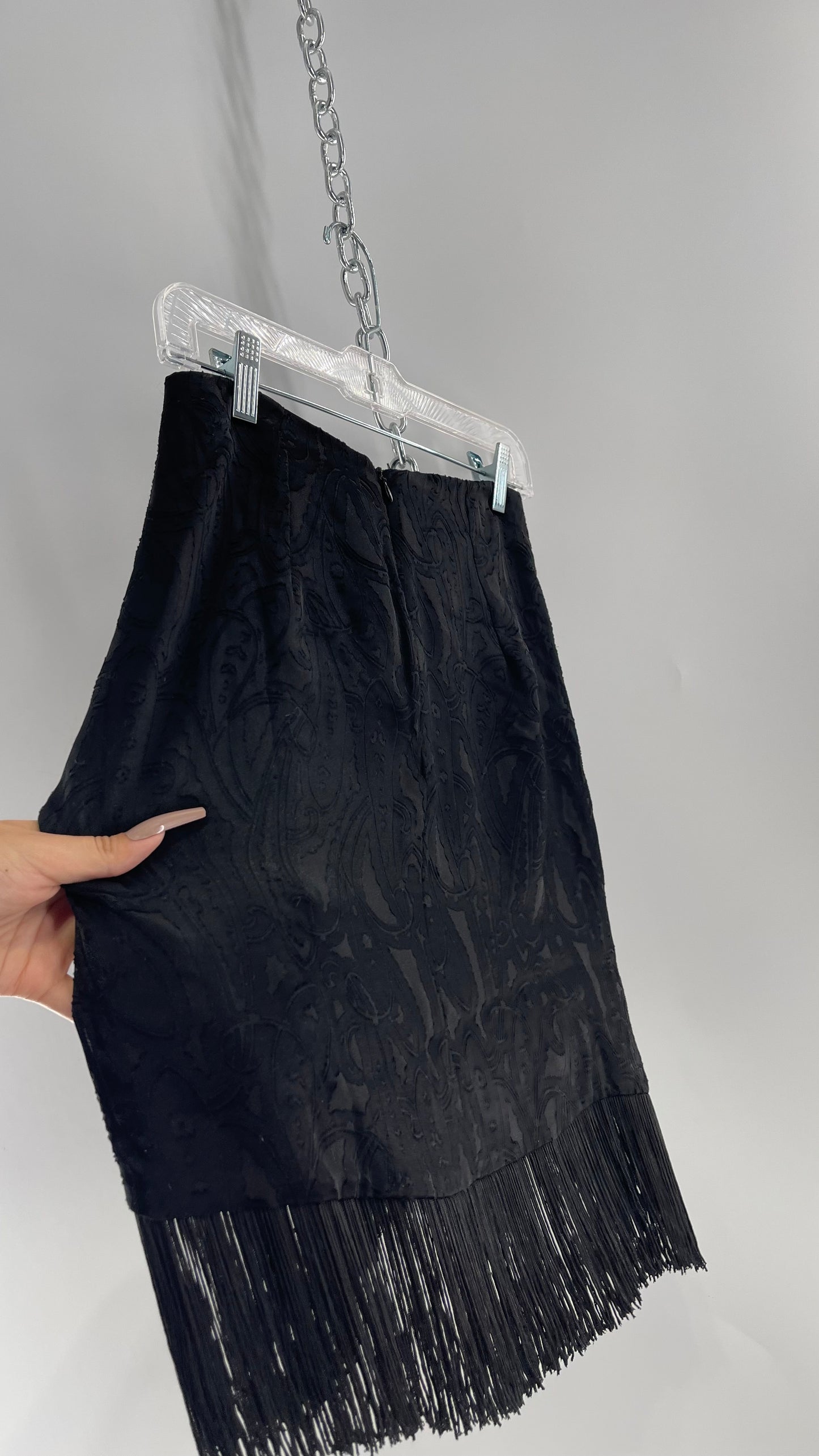 Anthropologie Black Paisley Textured Skirt with Fringe Trim (6)