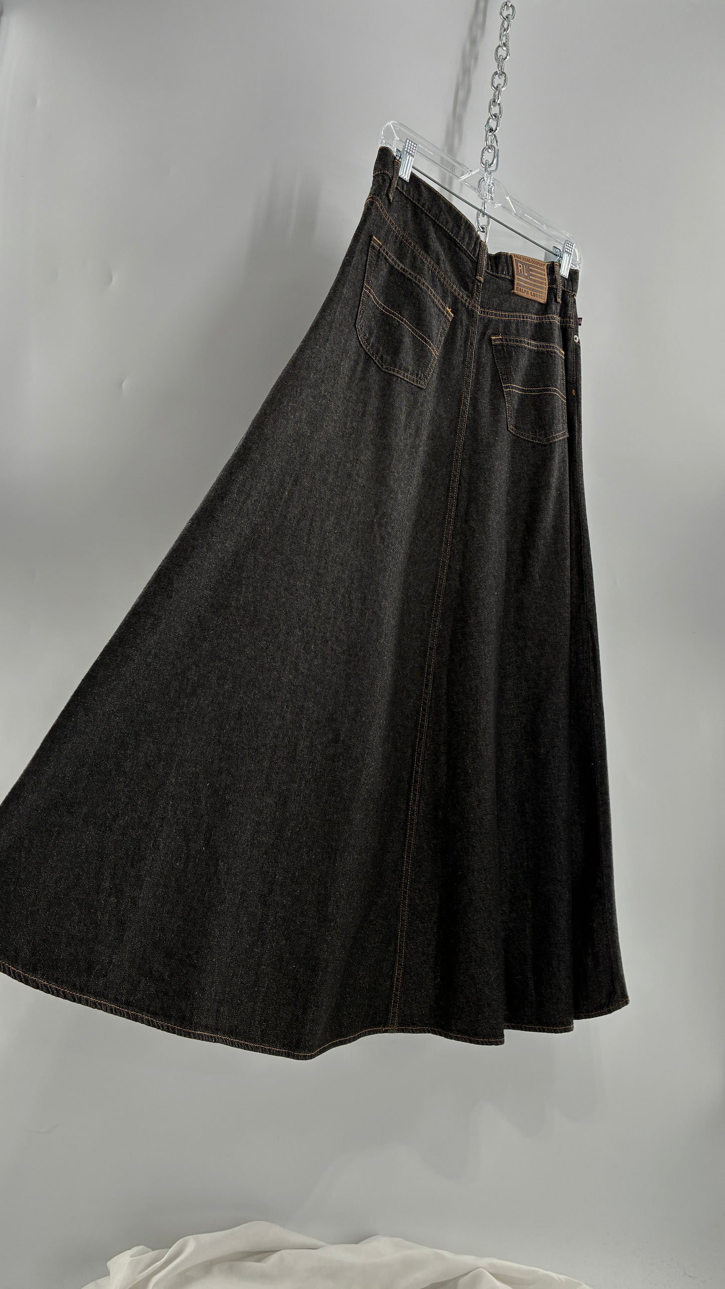 Vintage Ralph Lauren 100% Cotton Dark Wash Denim Full Length Skirt (6)