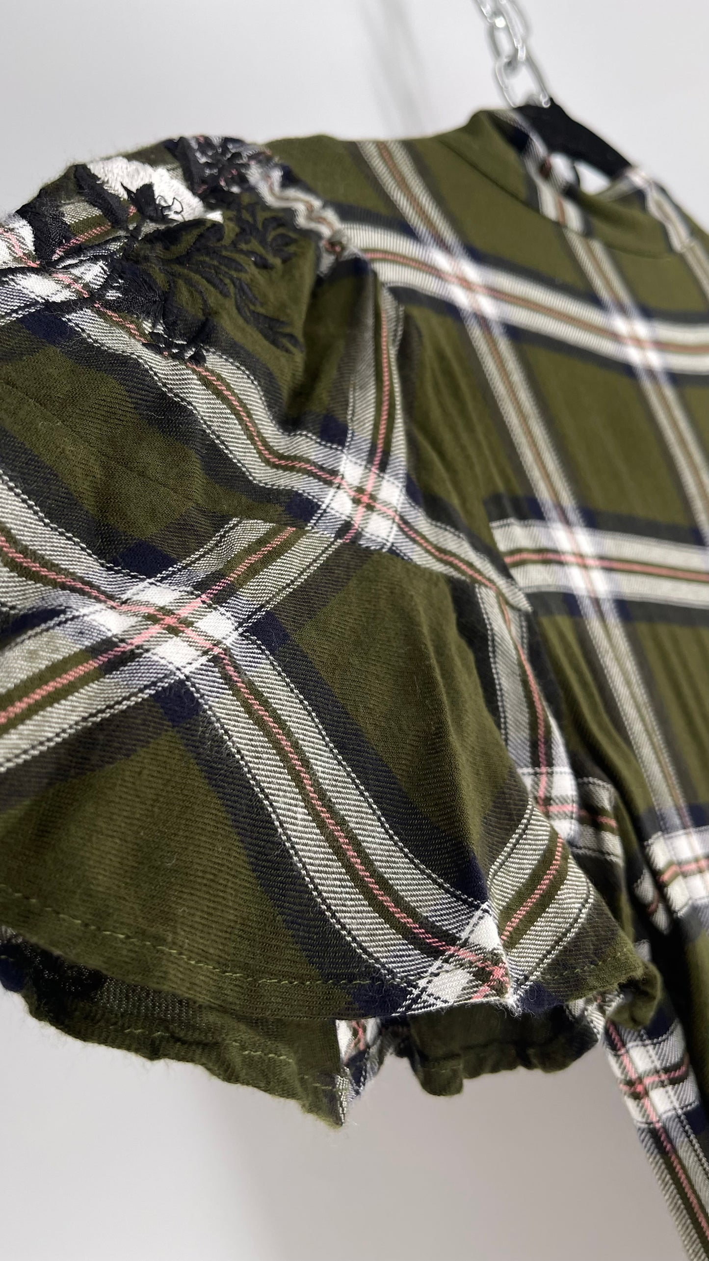 Ranna Gill Anthropologie Army Green Plaid Dress with Floral Embroidery and Bow Tie Detail (XS)