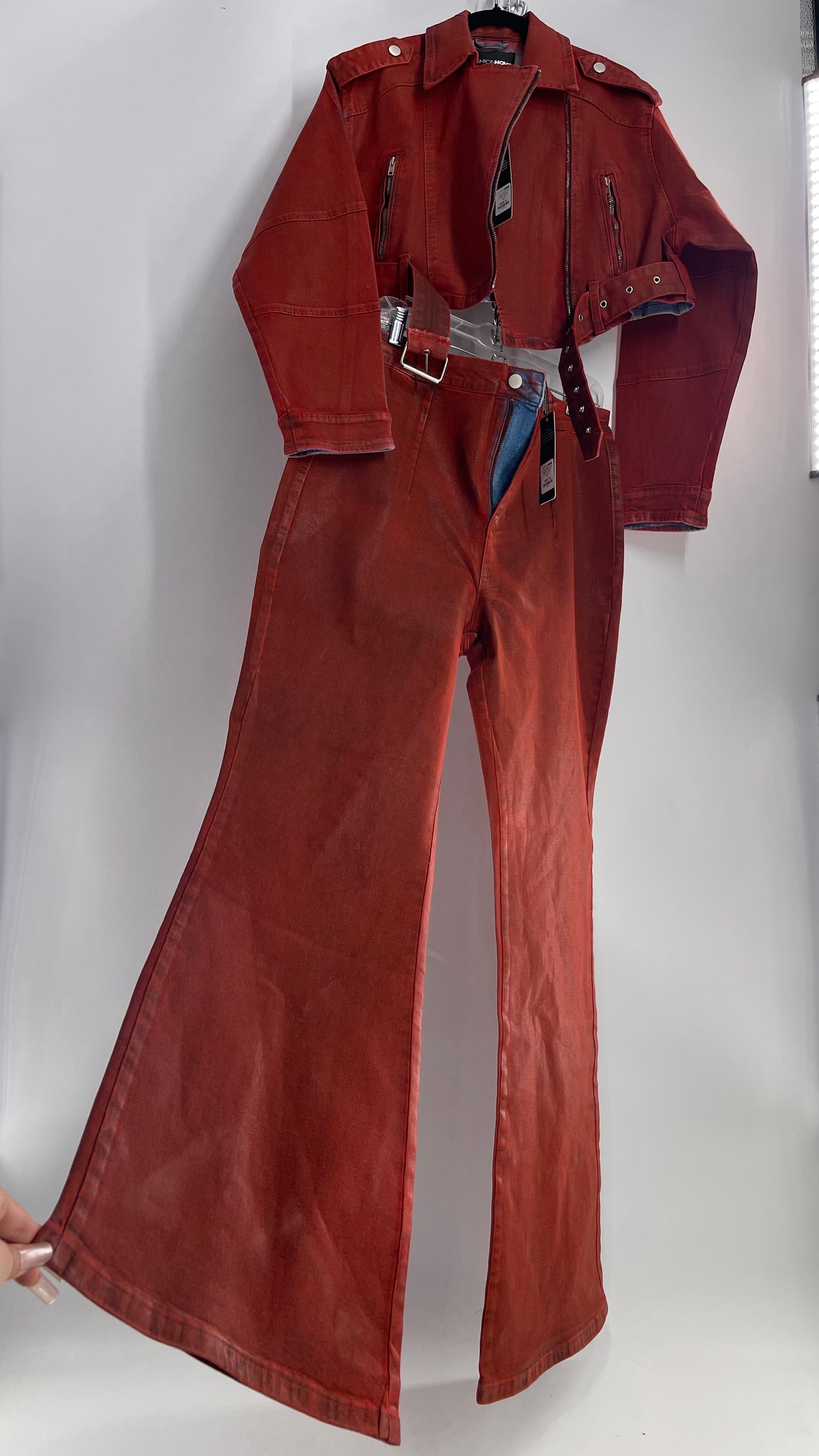 Fashion Nova Red Waxed Denim Cropped Motorcycle Jacket with Flared Jean Set and Tags Attached (XL/15)