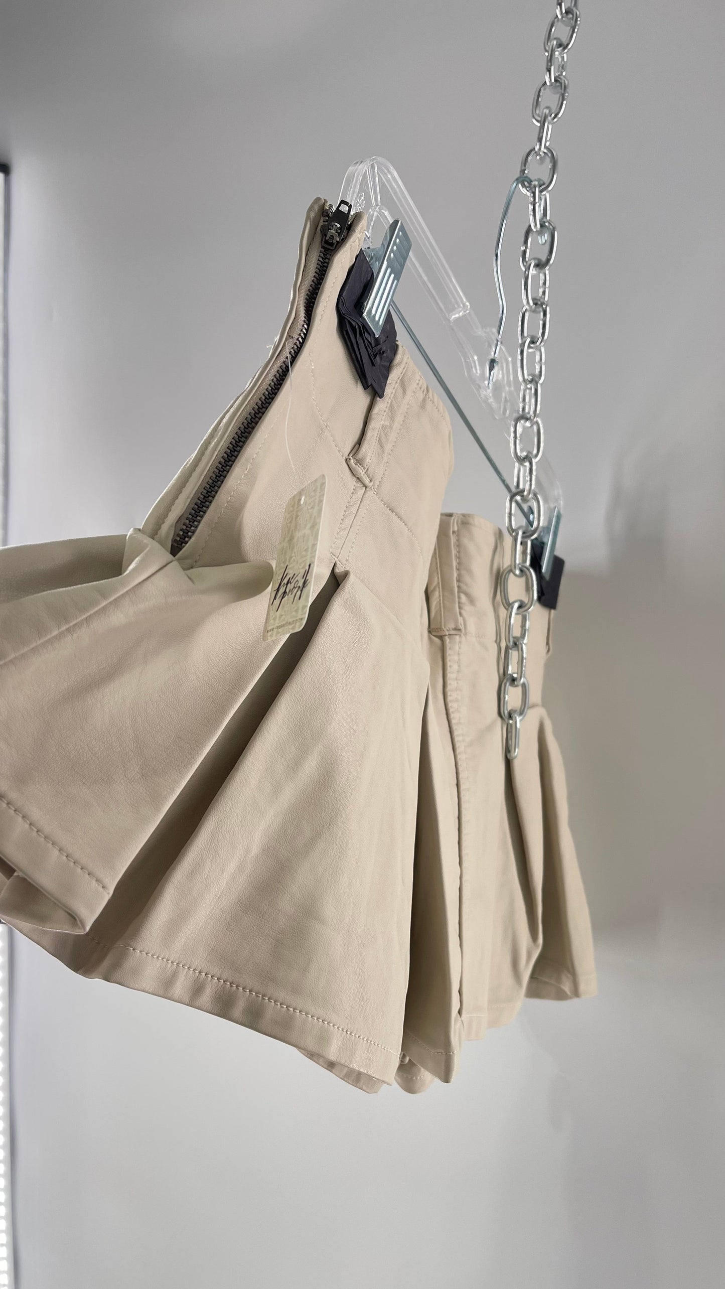 Free People Off White Pleated Vegan Leather Ultra Micro Mini Skirt with Hidden Built in Shorts (12)