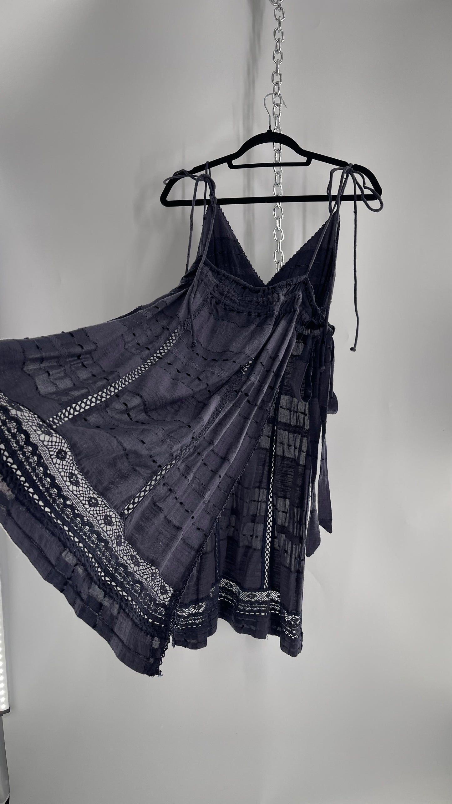 Free People Navy Blue Cotton Lace and Embroidered Open Tie Side Dress (M)