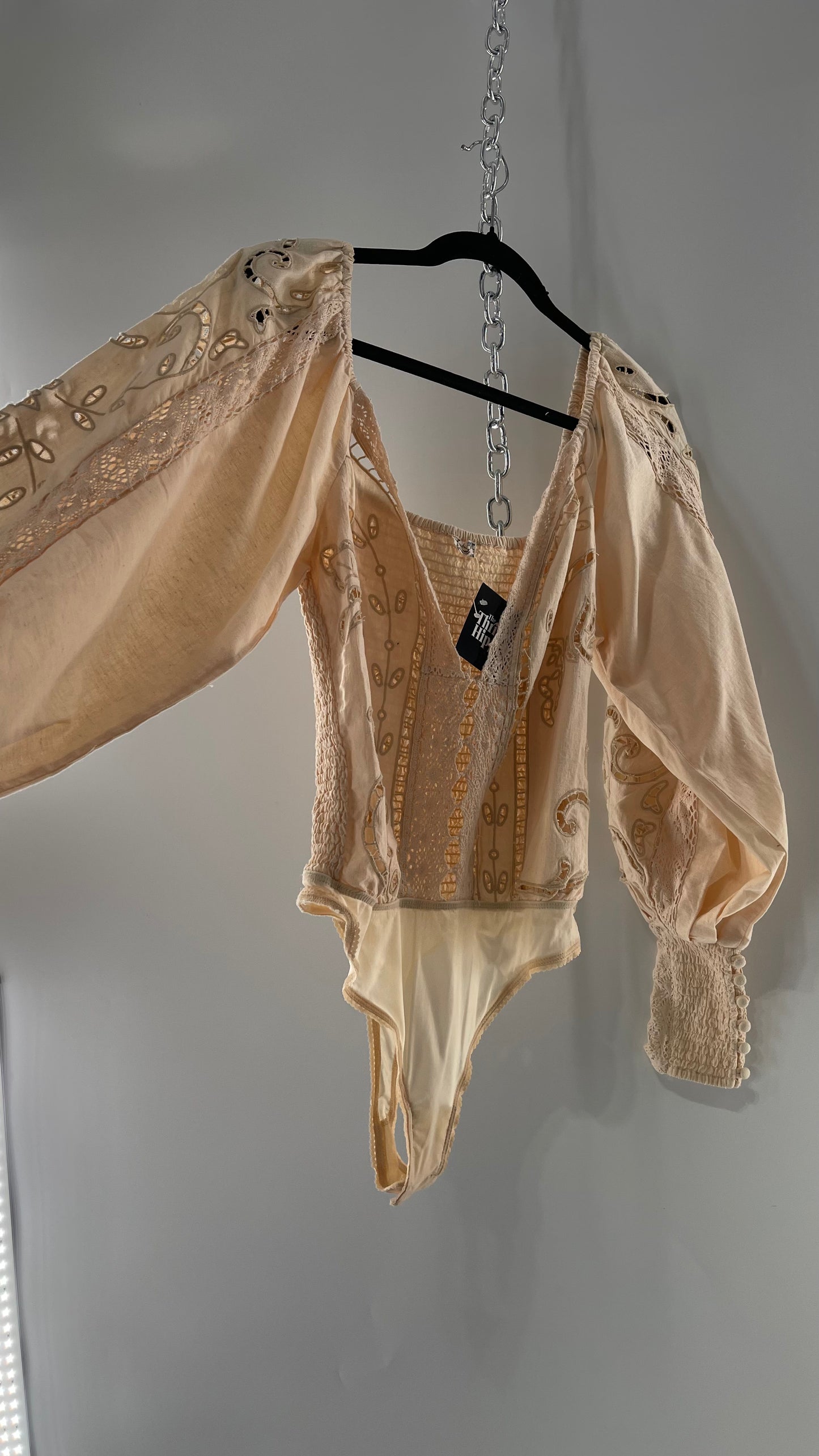 Free People Off White Cotton Bodysuit with Embroidered Lace Balloon Bishop Sleeve and Smocked, Buttoned Cuffs (Large)