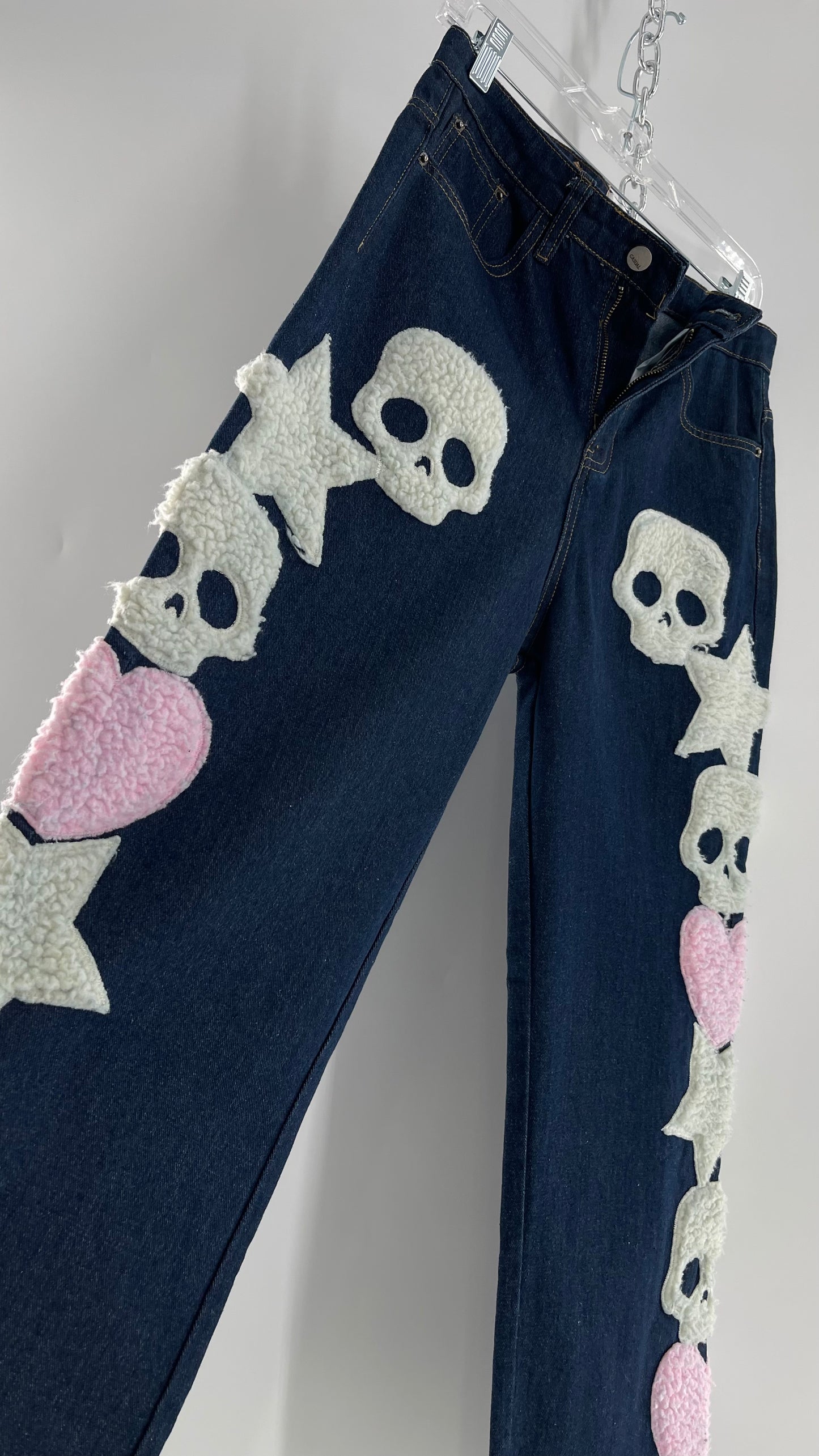MadeExtreme Dark Wash Denim with Skull/Heart Patches and Bum Embroidery (Medium 8)
