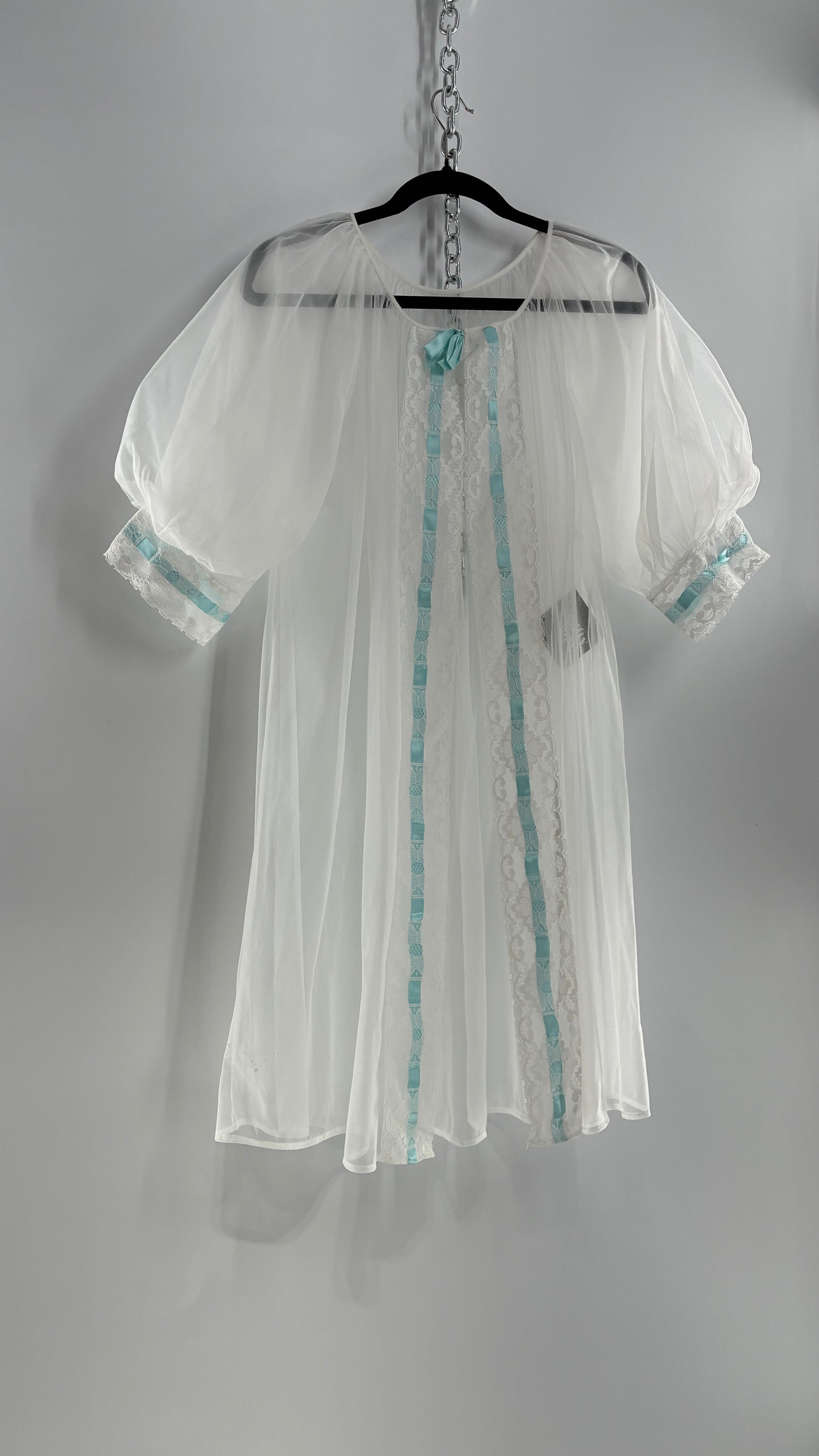 Vintage White Tulle Dress Cape with Oversized Puff Sleeves, Lined with Lace and Baby Blue Ribbon Trim (Medium)
