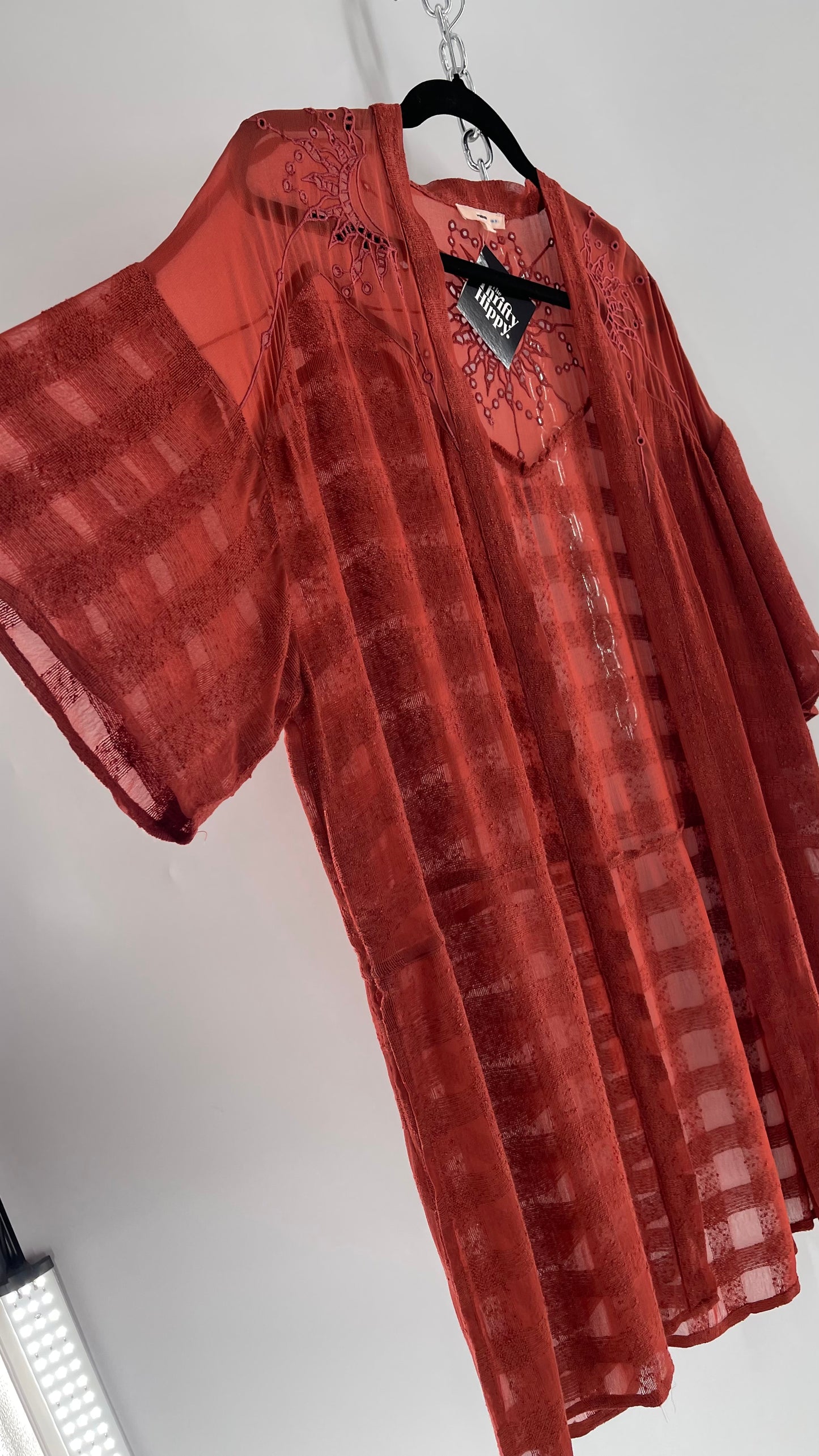 NFO Anthropologie Burnt Orange Cape With Embroidered Solstice Sun and Crescent Moon Designs (One Size)