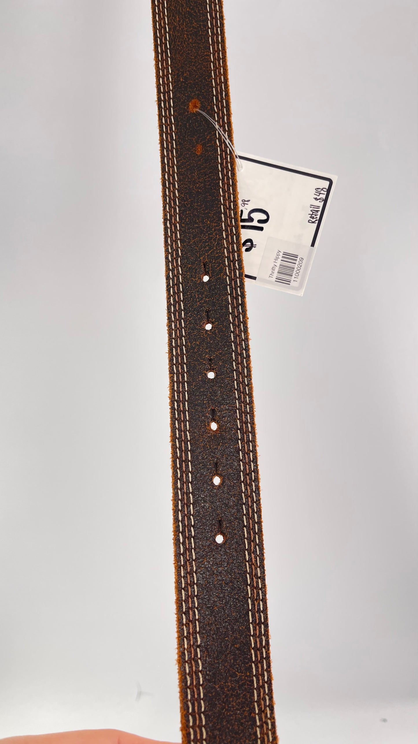 Vintage Belt Shak Brown Leather Belt with Stitching and Embossed Silver Metal Buckle (M)