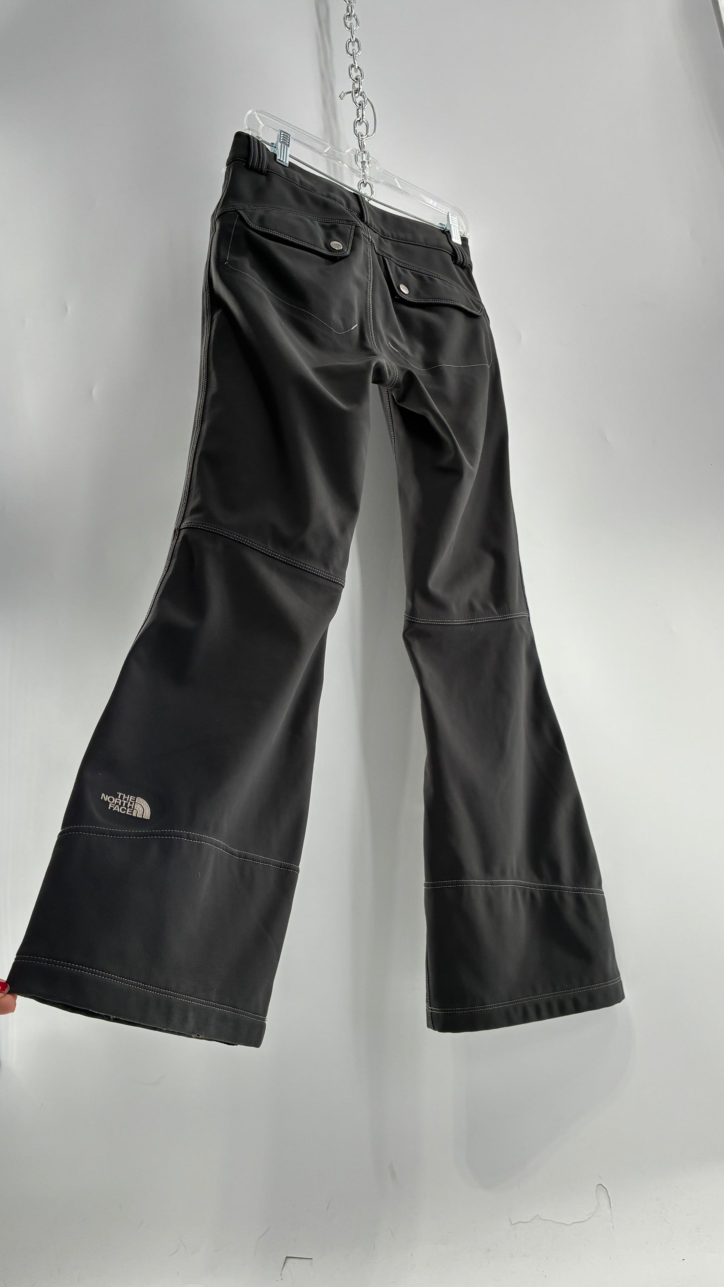 Vintage North Face Dark Gray, Low Rise, Kick Flare Pants with Contrast Stitching, Side Closure and Oversized Bum Pockets (Small)