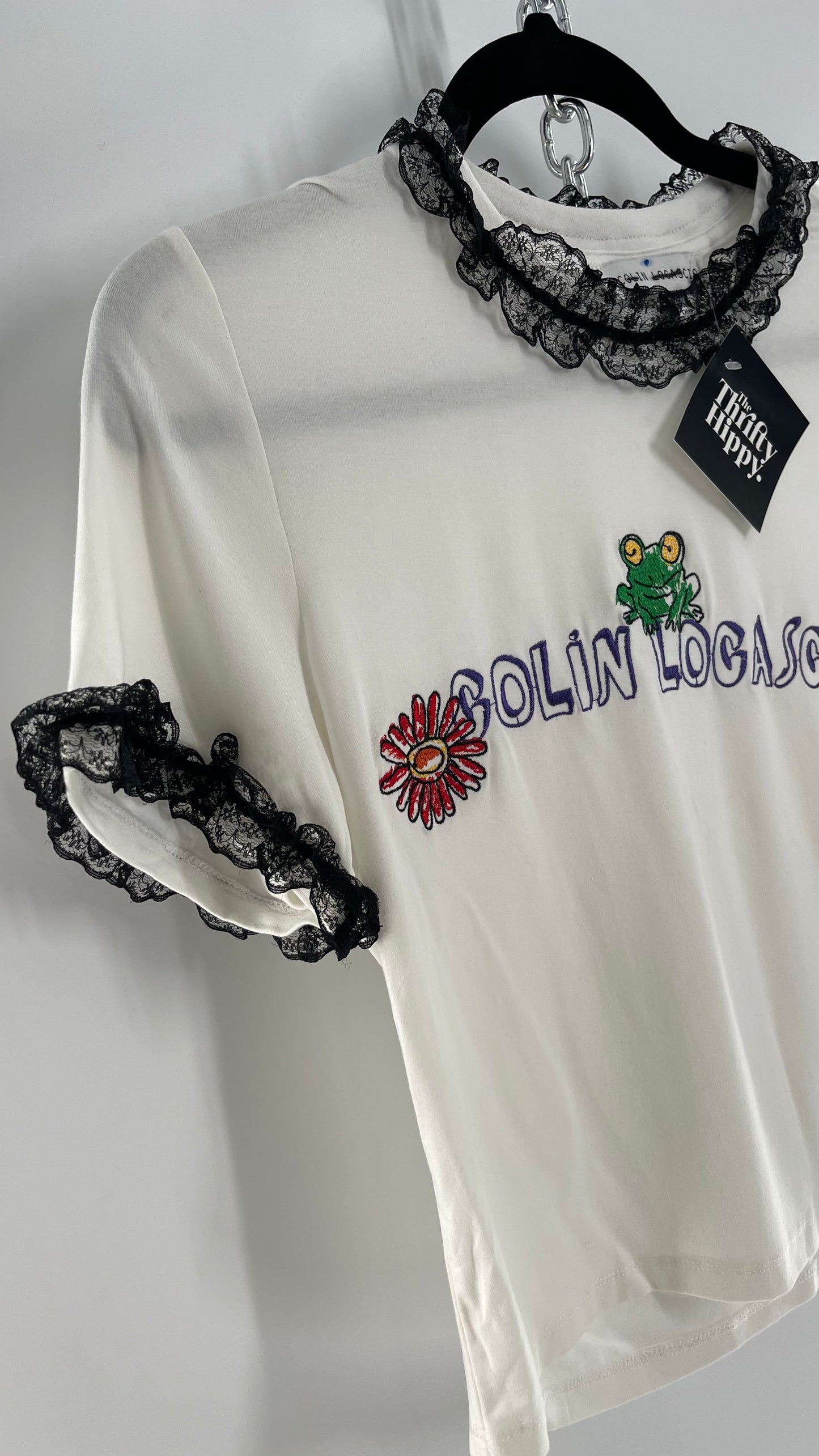 Colin Locascio Tannie T Shirt White Black Lace Ruffle Sleeves Frog Embroidery (Small)
