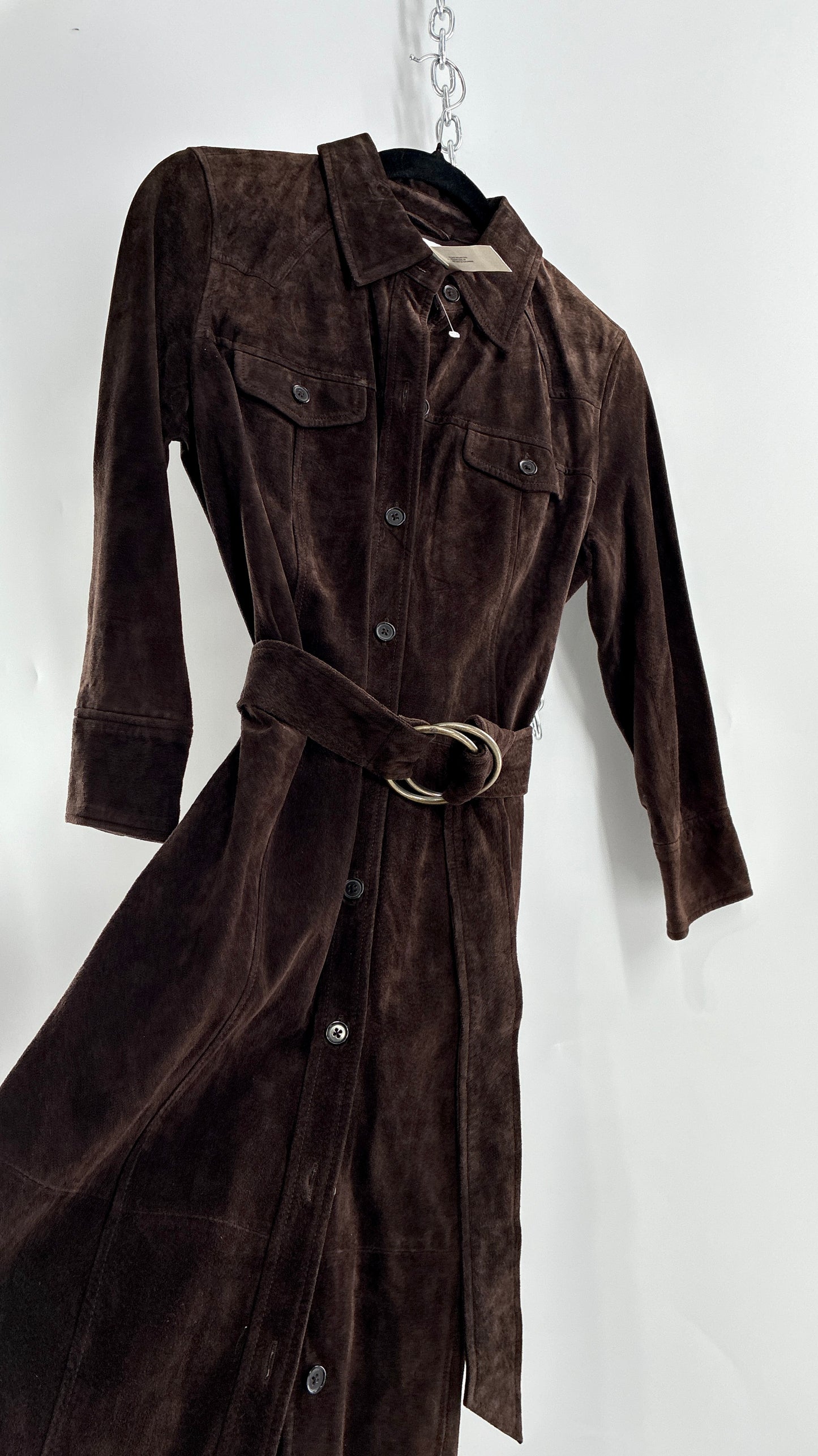 Vintage LOFT Brown Suede Leather Button Front, Belted Midi Dress with Tags Attached (4)