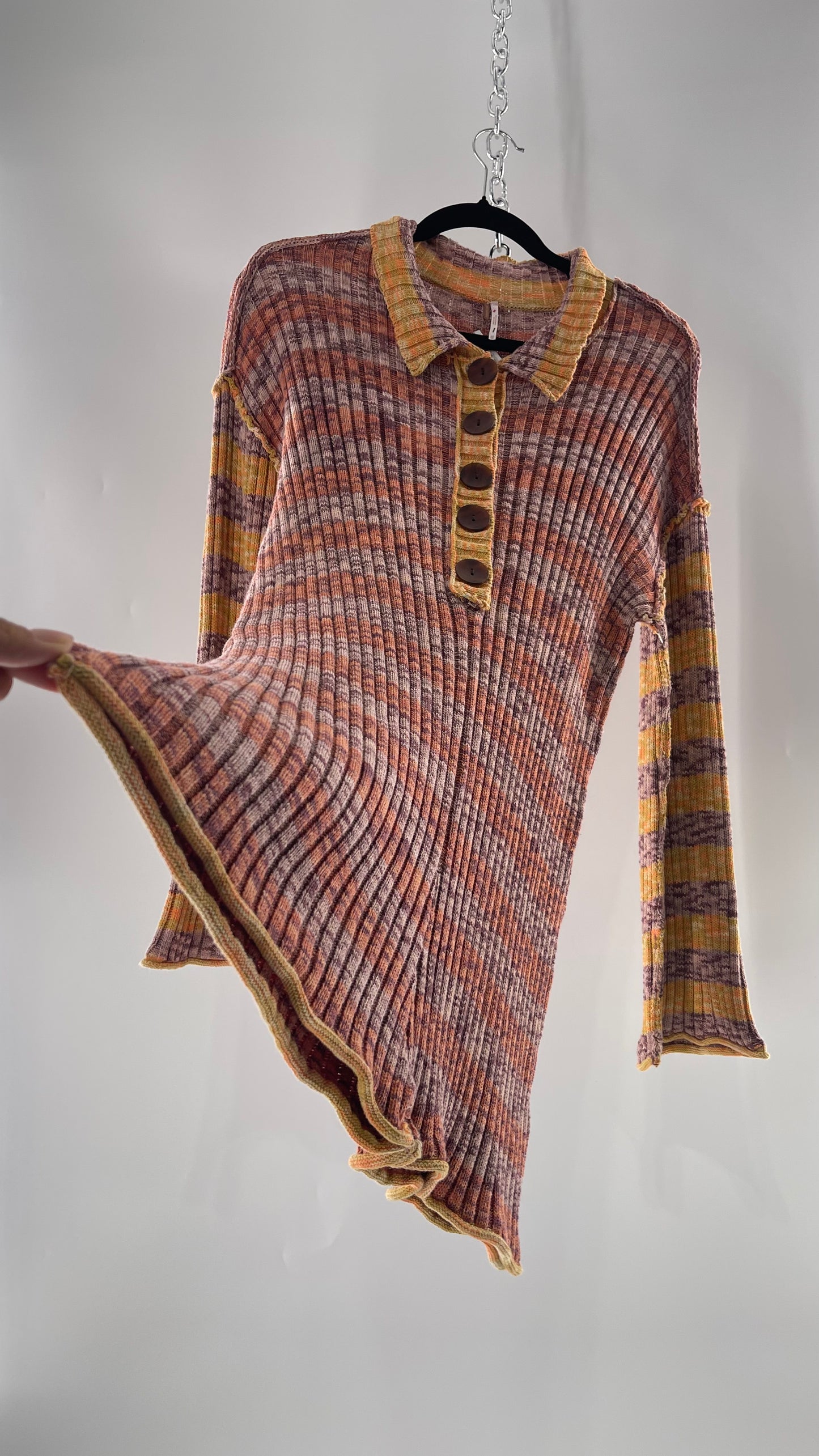 Free People Sunset Thick Knit, Collared, Brown Button Front Shorts Romper with Bell Sleeve (XS)
