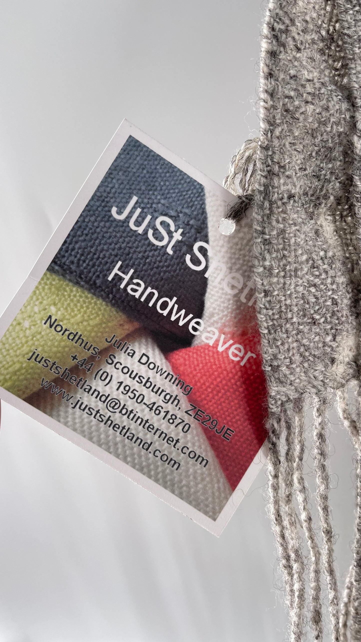 JuSt Shetland Handspun + Handwoven Shetland Yarn Julia Downing Nordus, Scousburgh Grey Woven Scarf