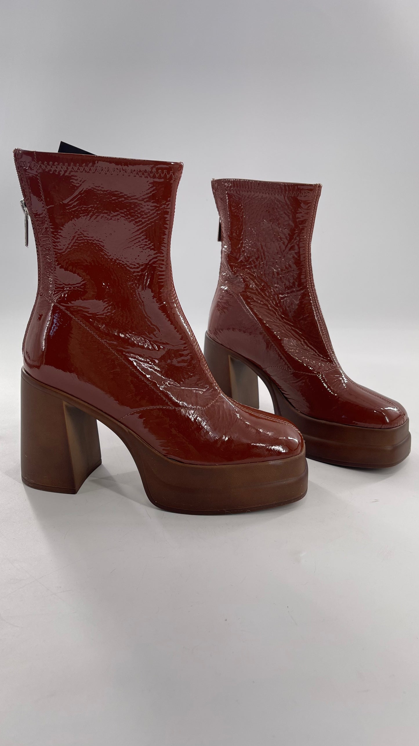 Free People Double StackedGlossy Patent Chestnut Brown Platform Boots with Chunky Heels (37.5)