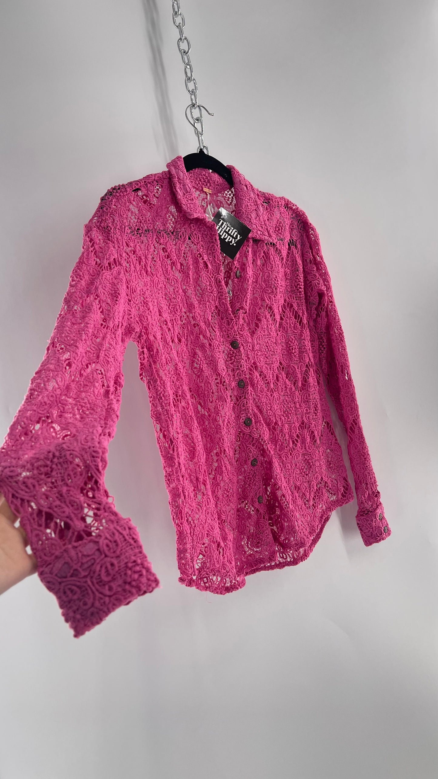 Free People Until Sunday Fuchsia Purple/ Pink Thick Lace Button Front Blouse with Coconut Buttons (XS)