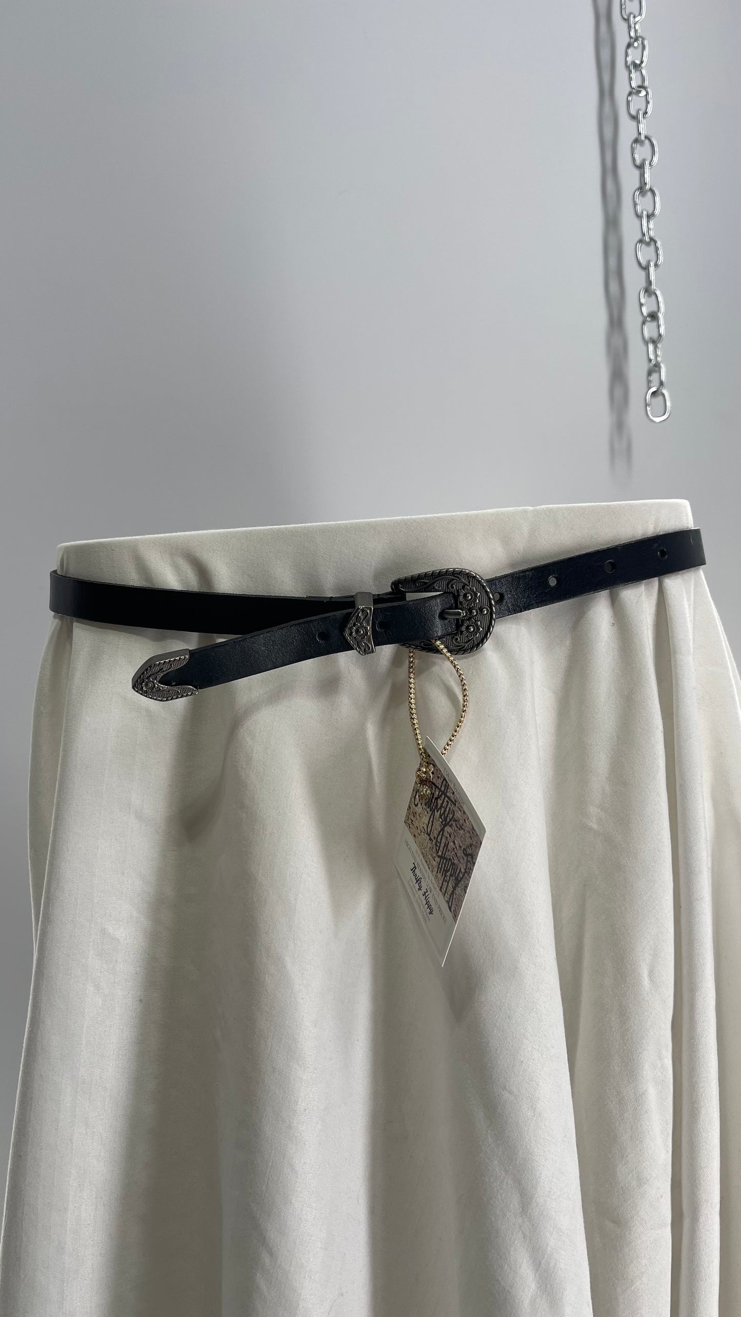 Skinny Black Leather Western Buckle Belt (XS/S)