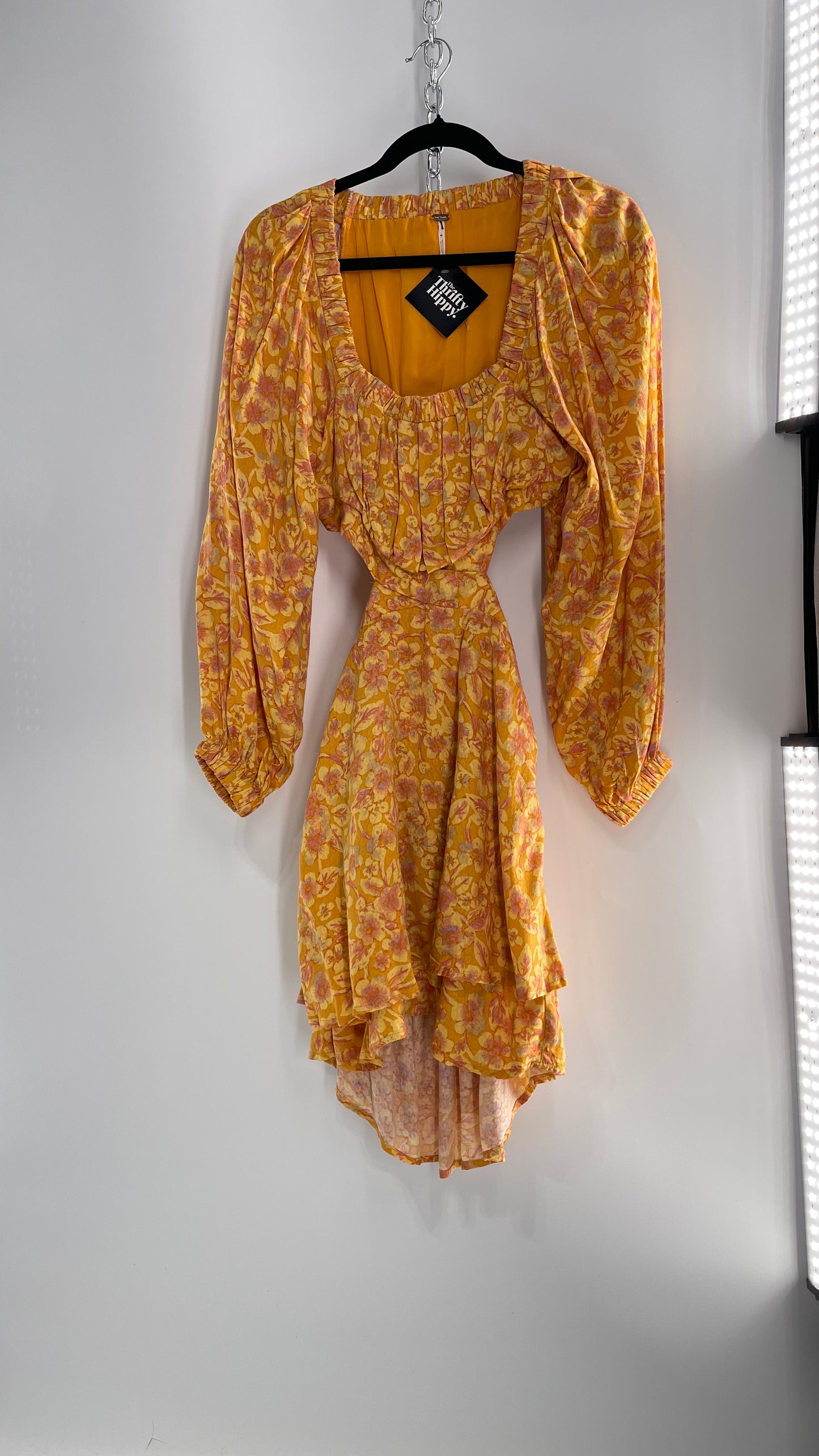 Free People Yellow Cut Out Golden Florals Dress with Ruched Bust and Balloon Sleeves (XS)
