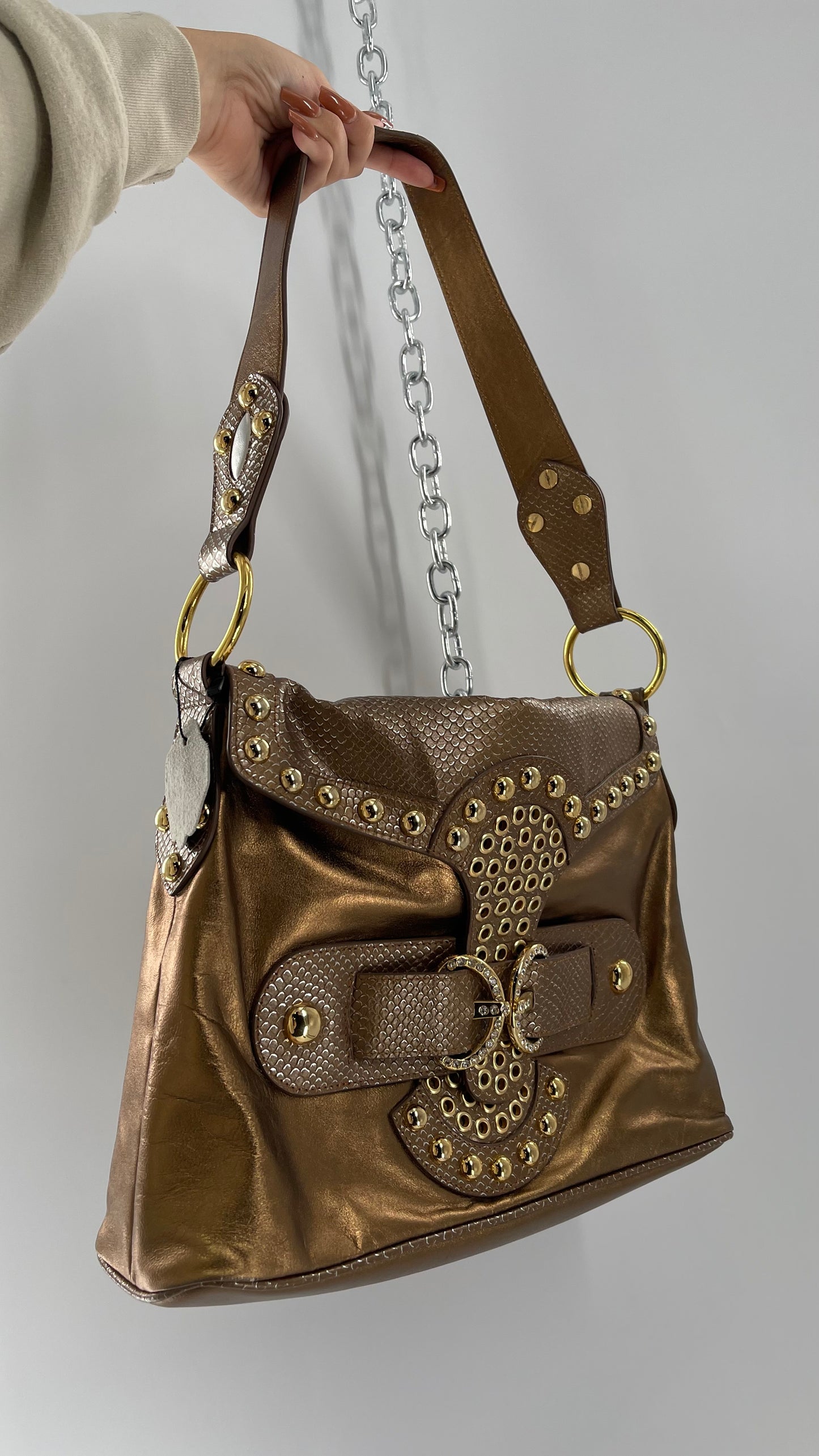Deadstock Vintage The Find Grandeur Bronze Bag with Grommets, Gemstones, Studs and Exaggerated Buckle