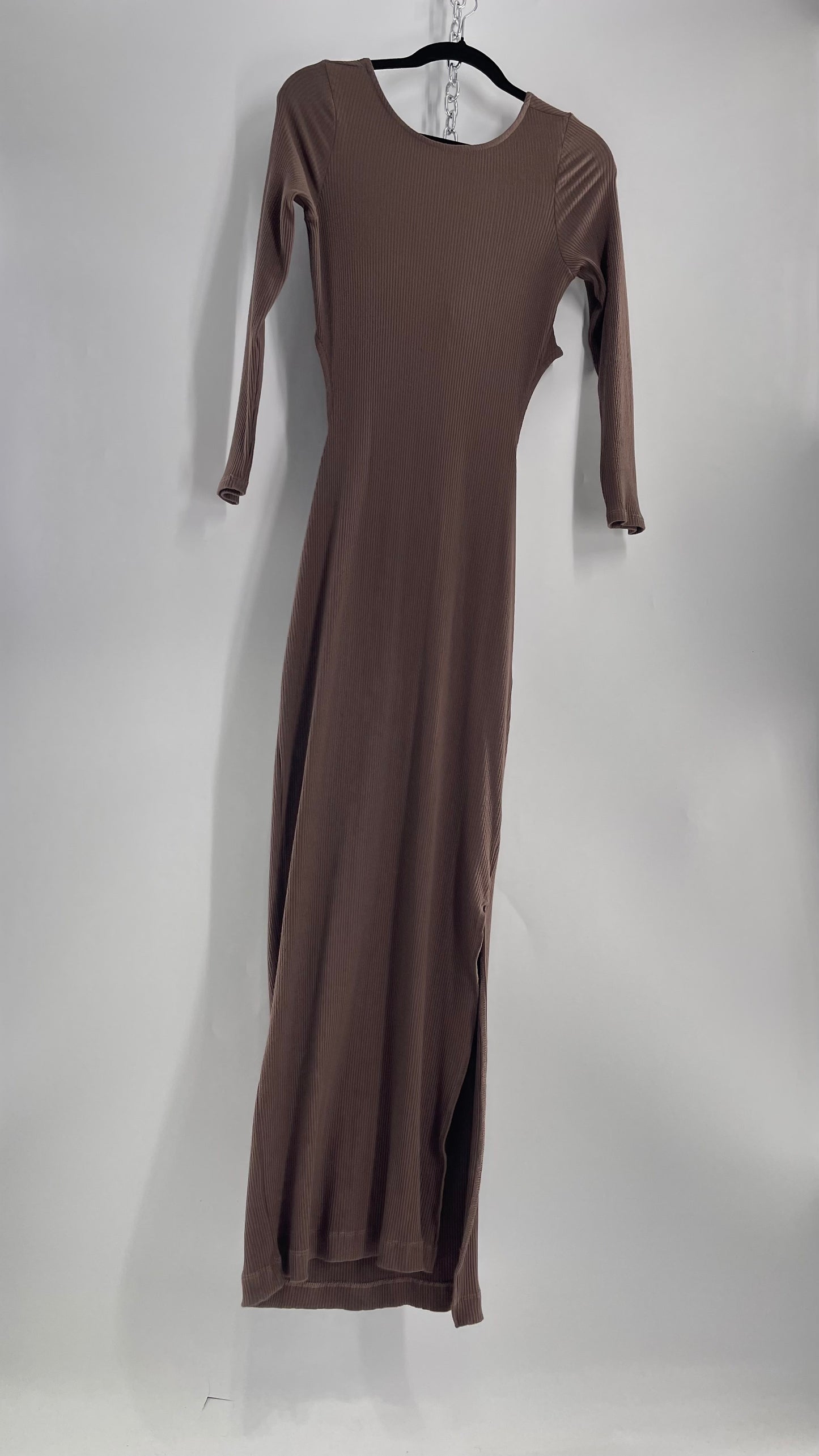 Free People Brown Ribbed Maxi Dress with Low Open Back and Dramatic Tie Detail (Large)