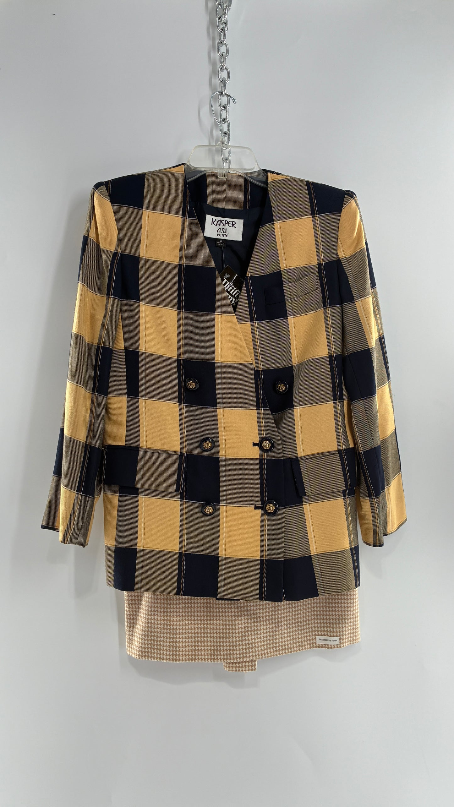 Vintage Suit Set with Yellow Plaid Double Breasted KASPER A.S.L Blazer and Upcycled Wool Mini Skirt (6)