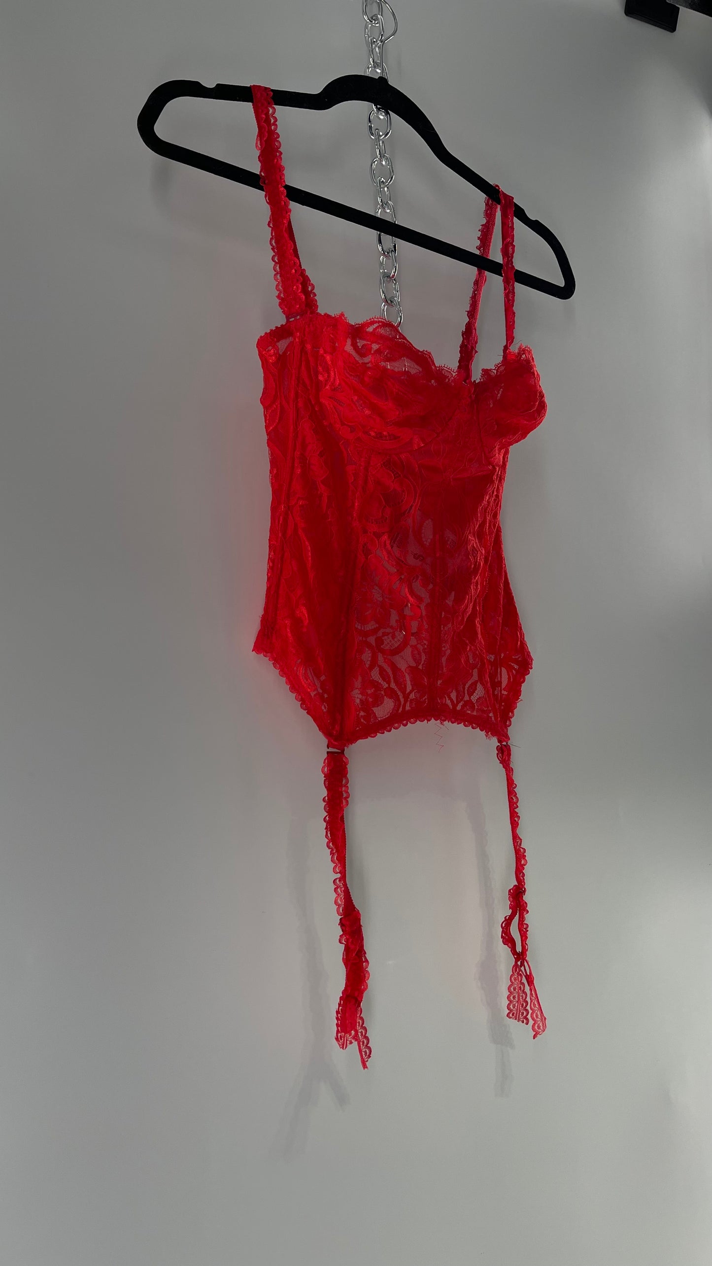 90s Vintage Red Lace Corset with Ruffled Sleeves and Removable Garter Straps (32B)