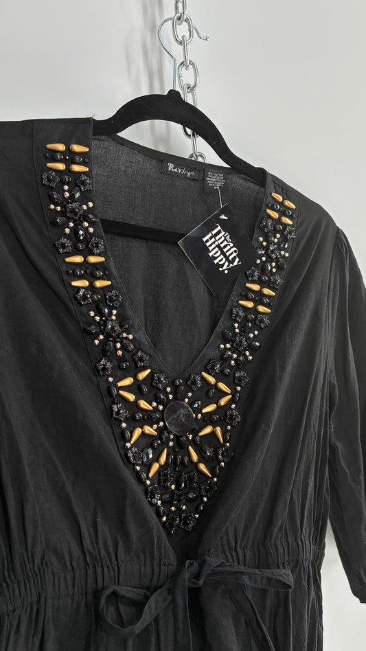Vintage RAVIYA Black Mini Dress Blouse with Beaded Neckline (Medium)