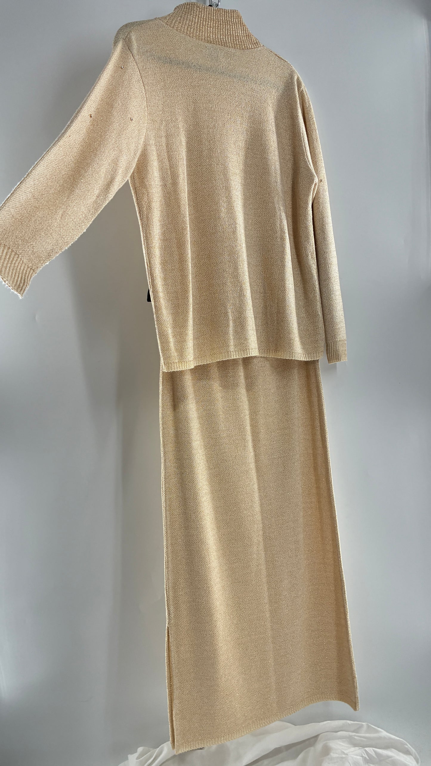 Terry Lewis Classic Luxeries Beige Knit Sweater and Skirt with Gold Tinsel Thread and Rhinestone Collar (Large)