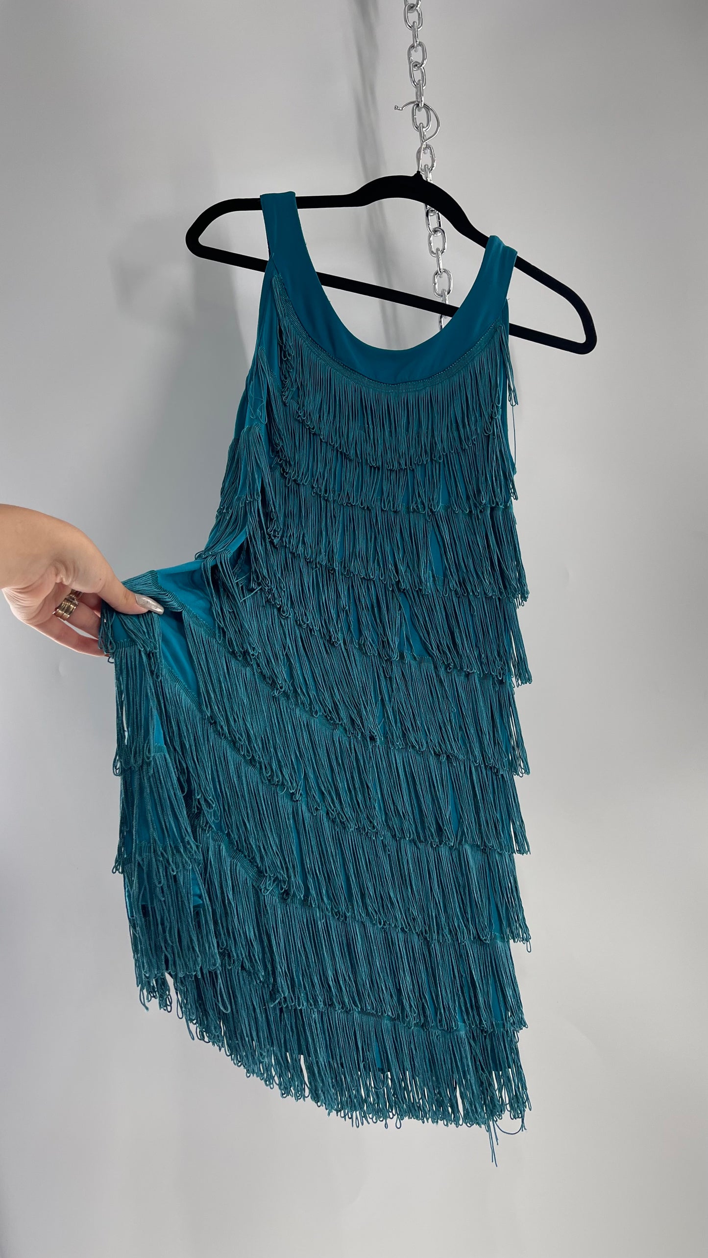 Vintage Teal Fringe Cowgirl Party Tunic Mini Dress (Small)