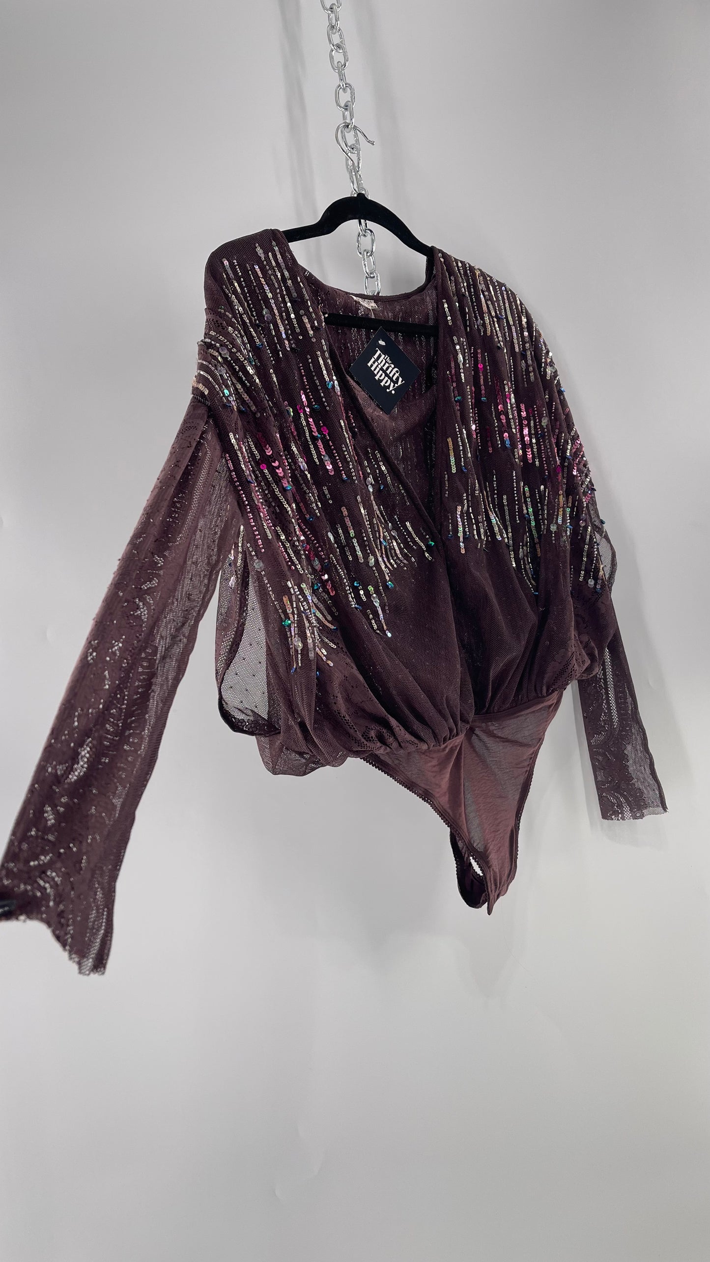 Intimately Free People Plum Mesh Bodysuit with Lace Sleeves and Beaded/Sequined/Embellished Body (Medium)