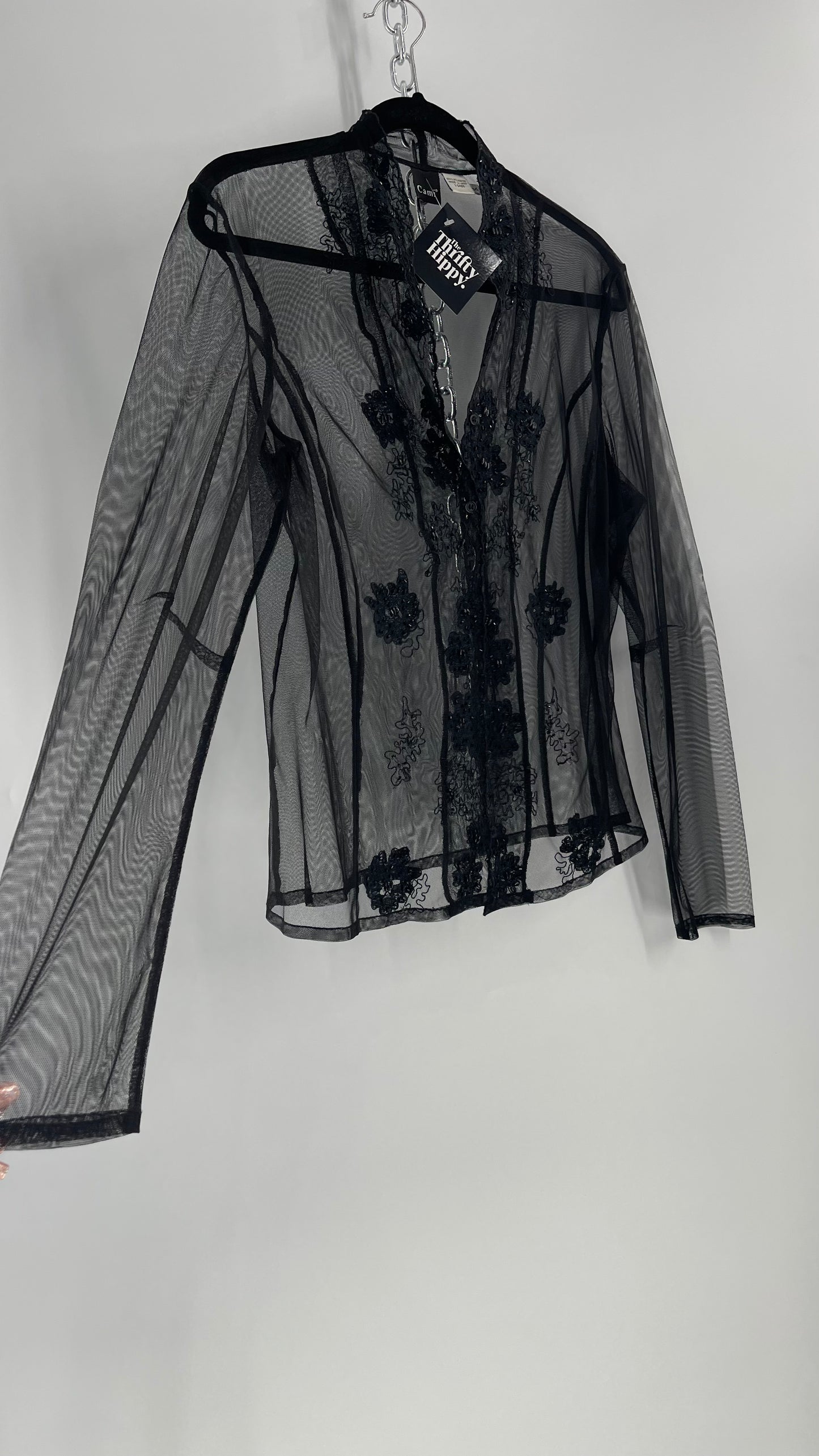 Vintage CAMI Black Mesh Long Sleeve with Embroidered and Beaded Neckline with Exaggerated Seams (Large)
