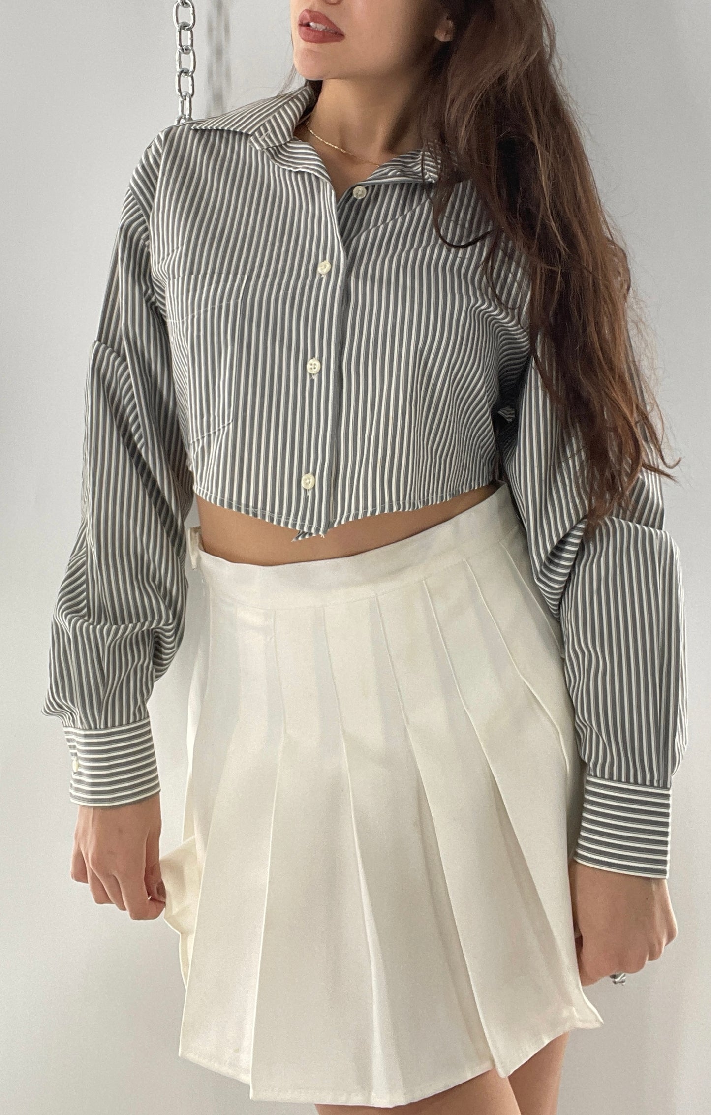 Vintage Reworked Button Front Backless Grey Blue Striped Blouse (One Size)