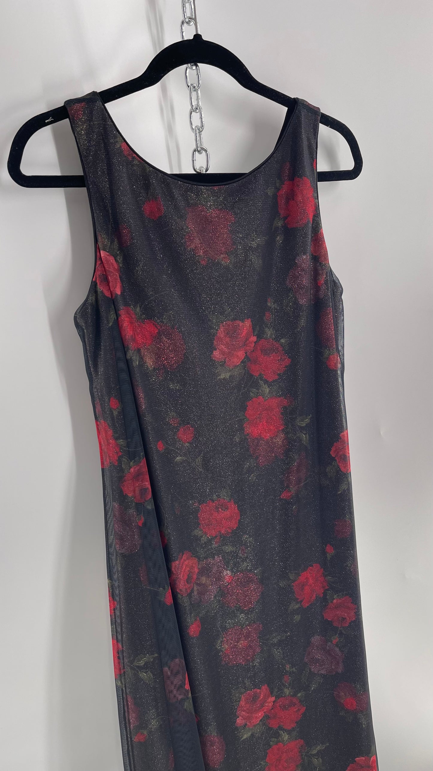 Vintage TEDDI EVENING Dress with Red Rose Layer Over Glitter Graphic and Black Base Layer (10)