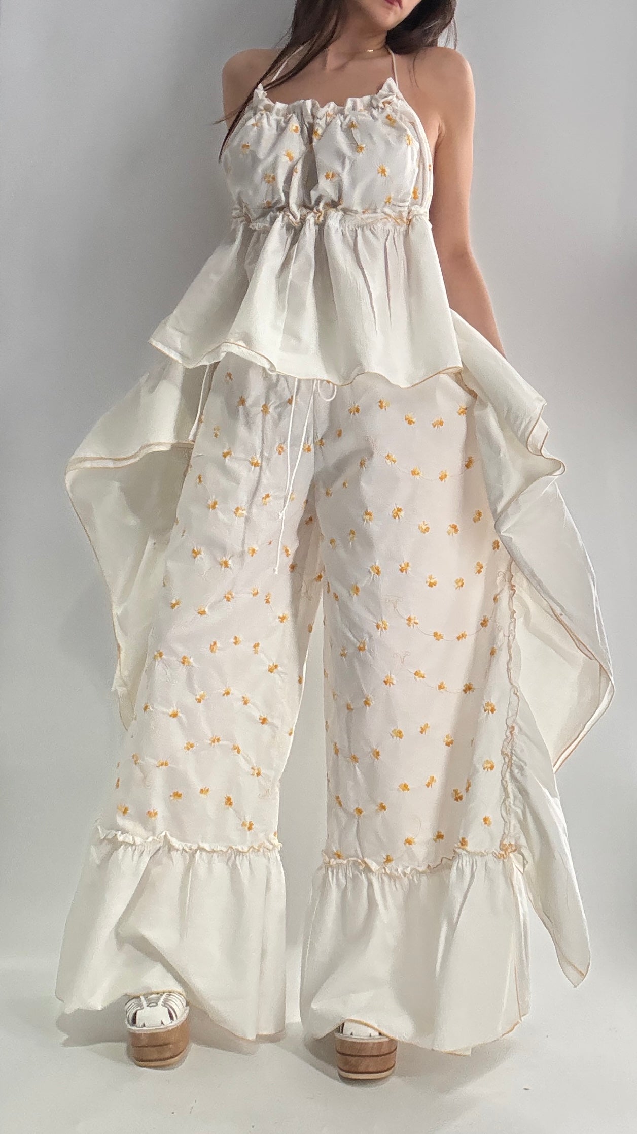 Vintage Handmade Angeline 2pc Set with Ruffled Pant, Embroidered Daisy Pattern, and Bustier Camisole with Adjustable Drawstring Bustline and Waistline (XS-L)