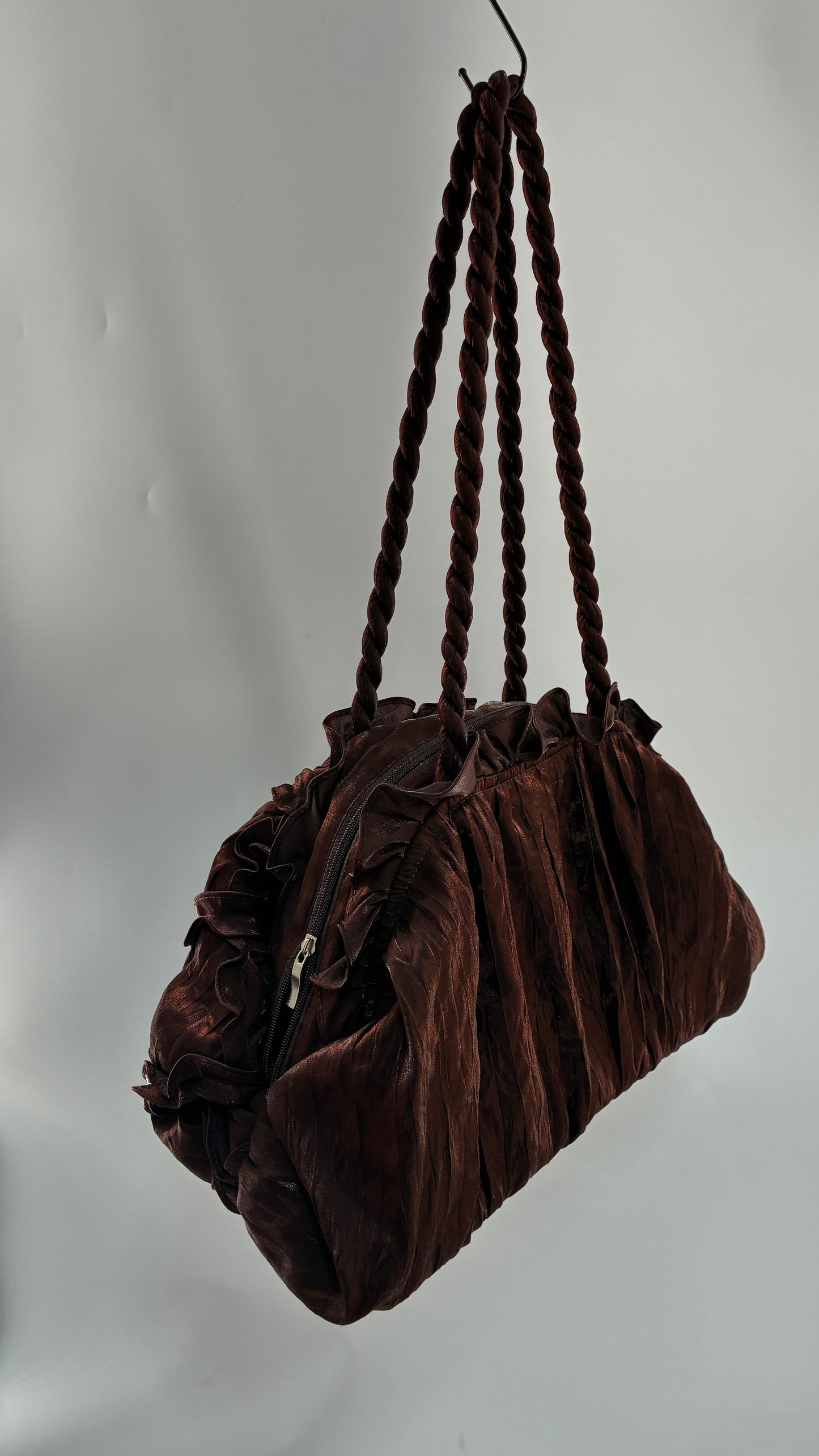 Vintage Oversized Brown Slouchy Purse with Embroidered Rosettes and Braided Strap