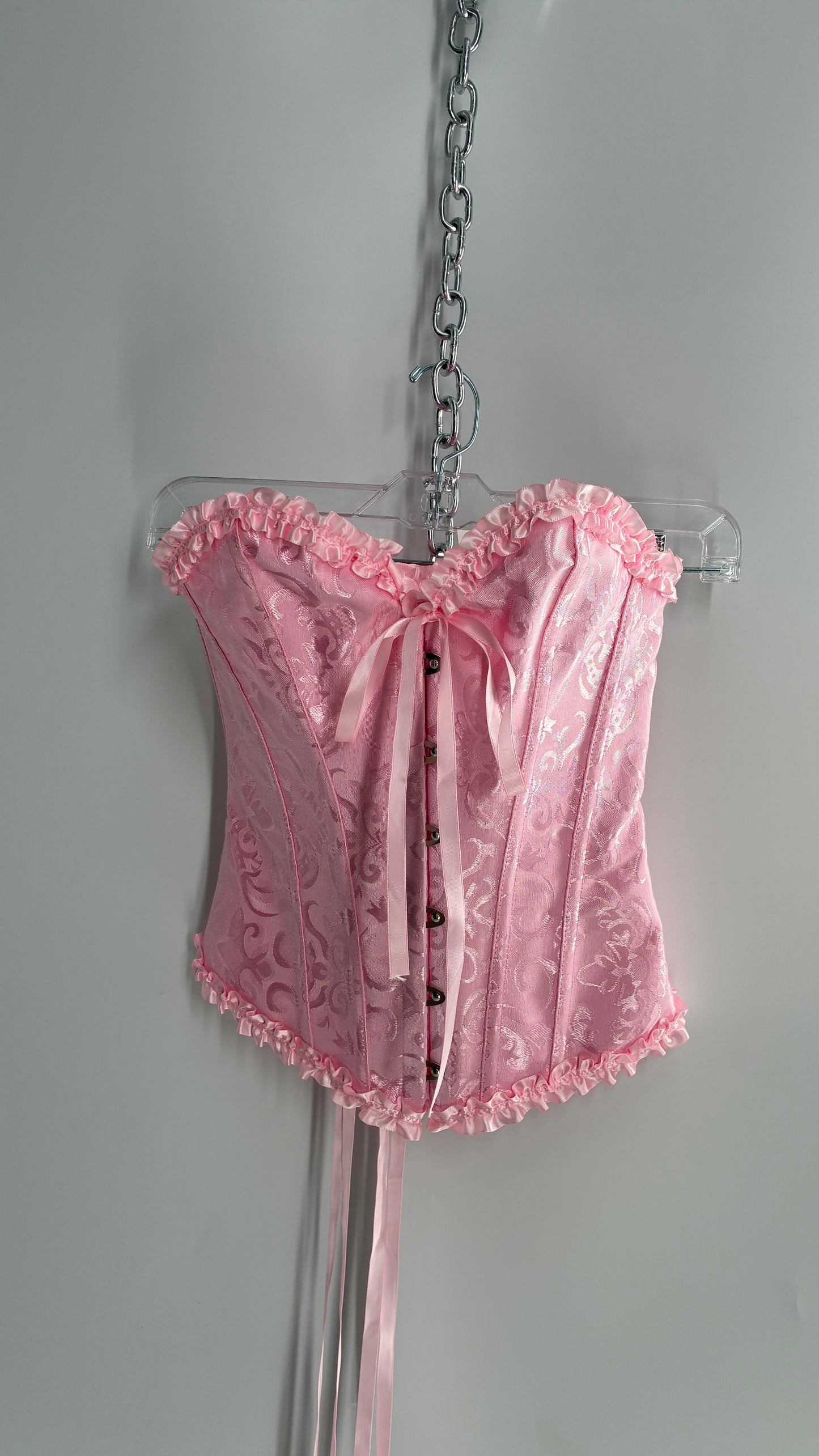 Baby Pink Ruffled Lace Trim Corset with Tie Bust Detail (Small)