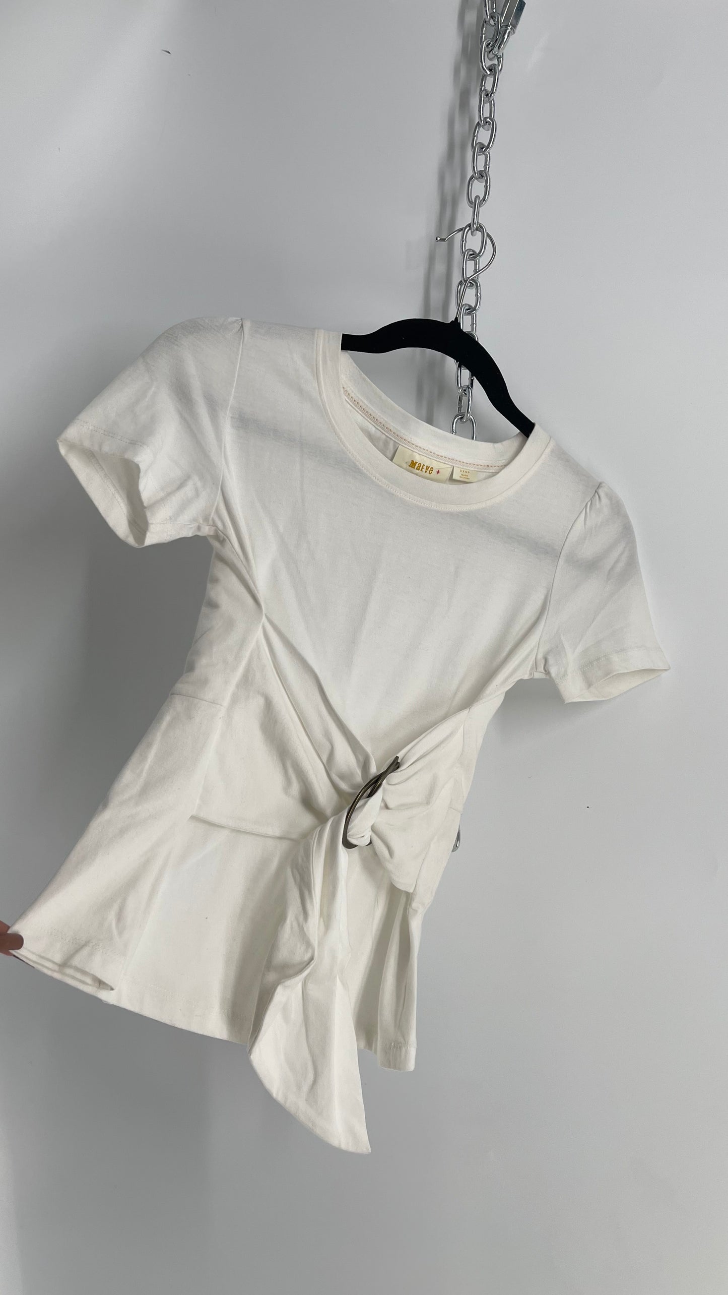 Maeve By Anthropologie Short Sleeve T Shirt, 100% Cotton with Metal Buckle and Fabric Sash Across Waist Size (XXS)