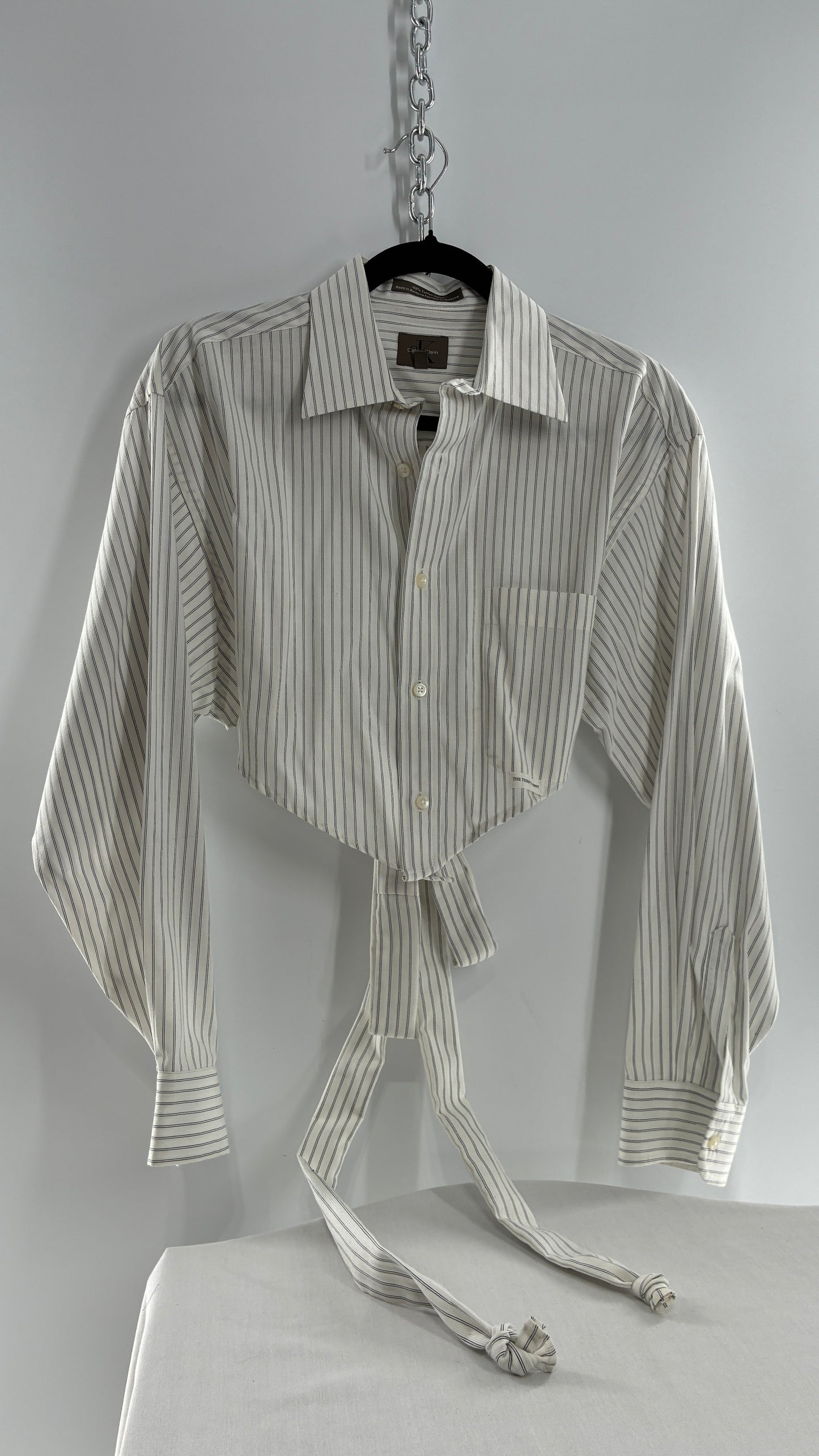 Vintage CALVIN KLEIN Reworked Button Front Backless White Striped Blouse (One Size)