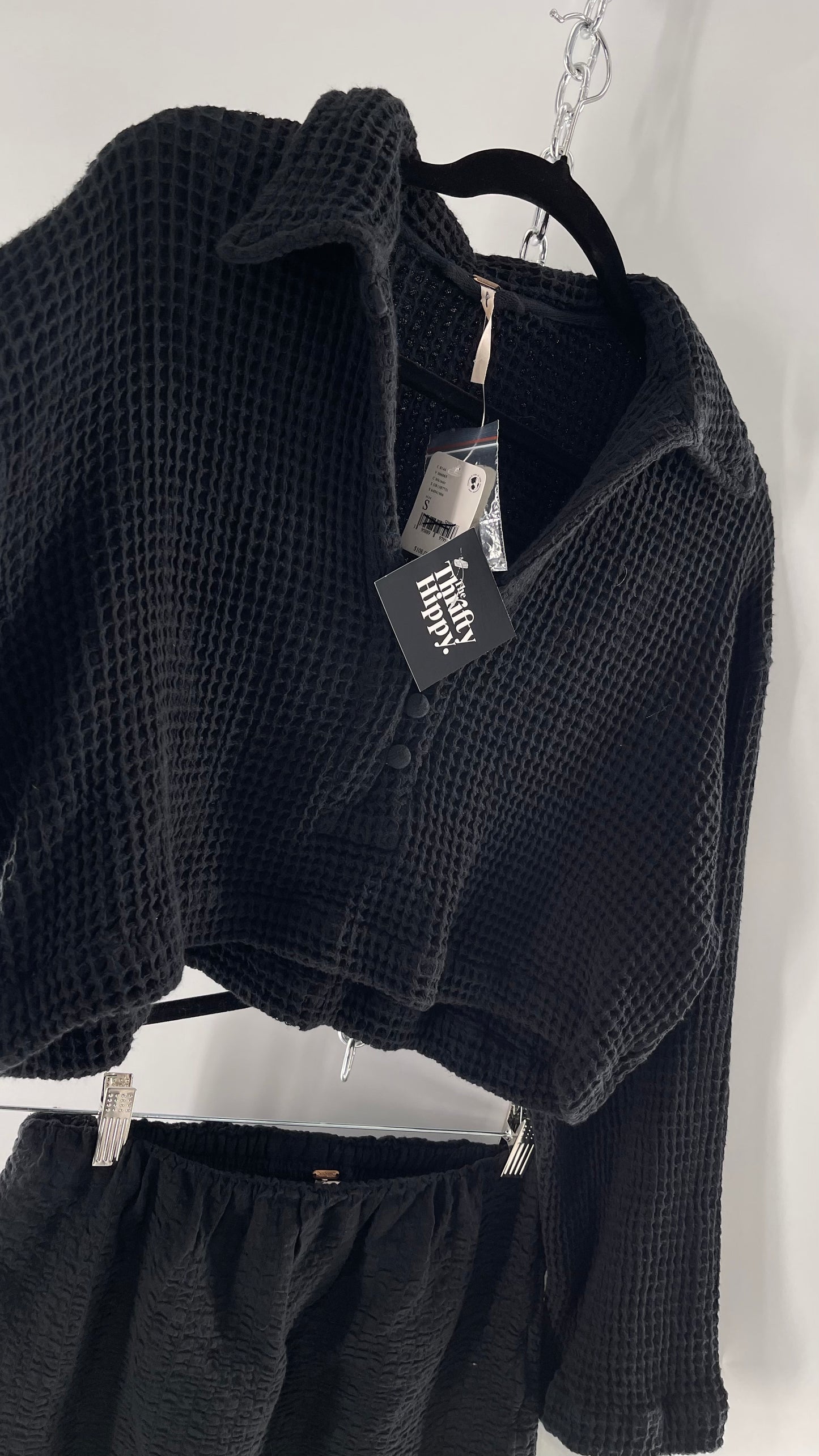 Free People Waffle Knit Black Cropped Button Up and Skirt Set with Tags Attached (Small)