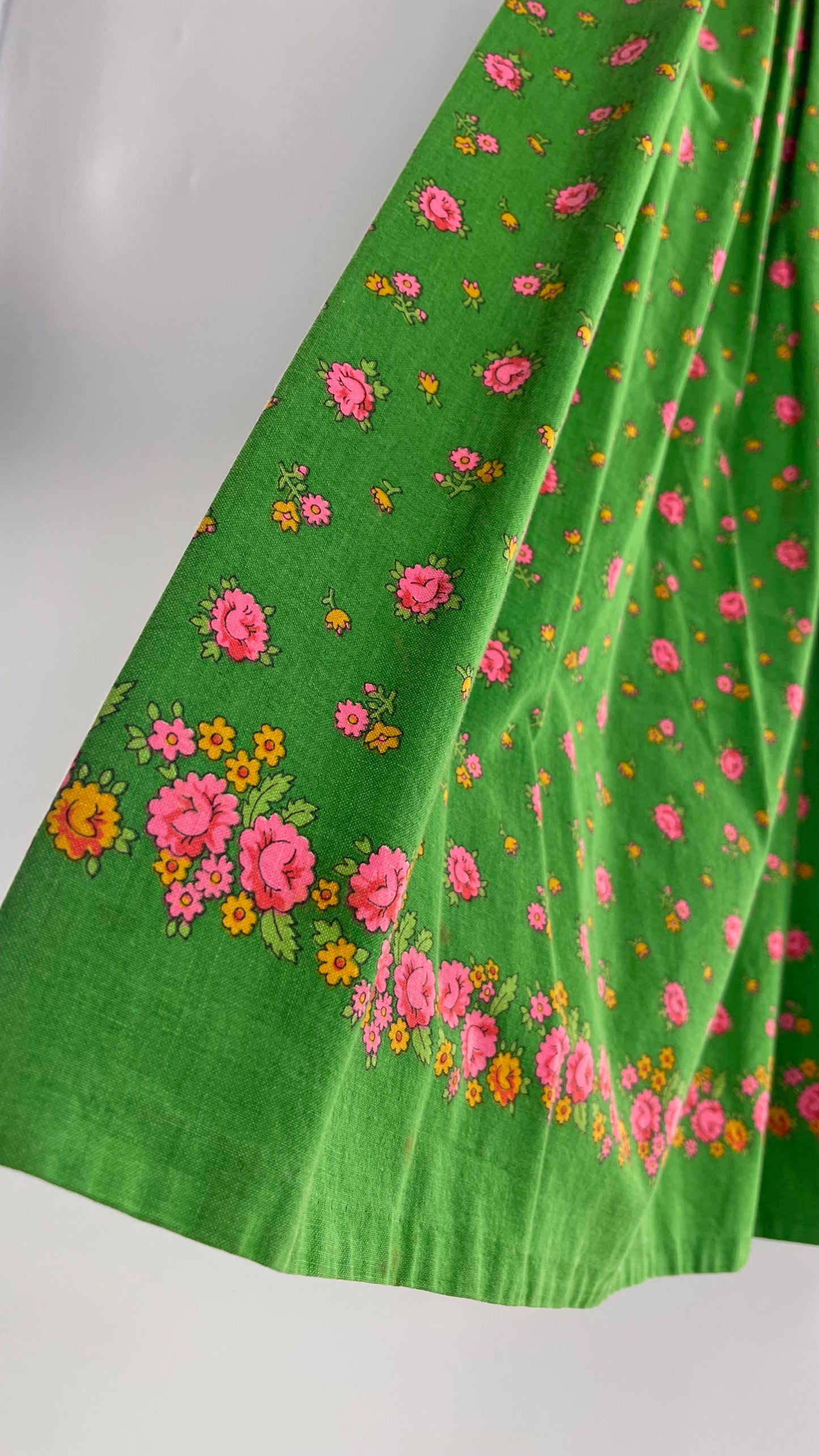 Vintage Imported Cotton Kelly Green Skirt with Pink Roses (XS)