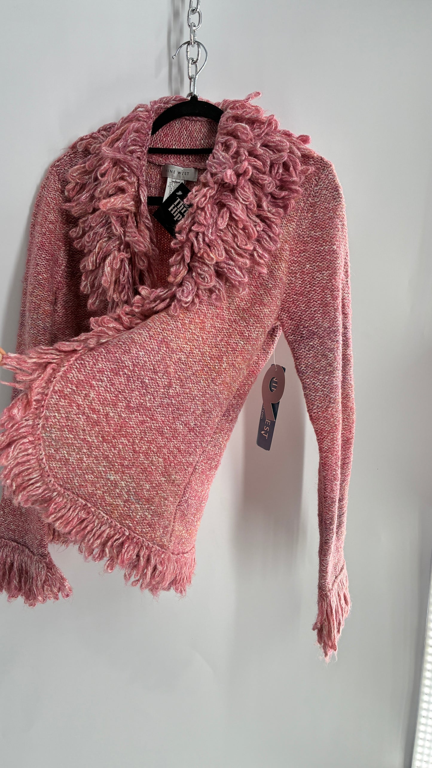 Nine West Pink Knit Cardigan Jacket with Exaggerated Fringe Collar and Cuffs (Large)
