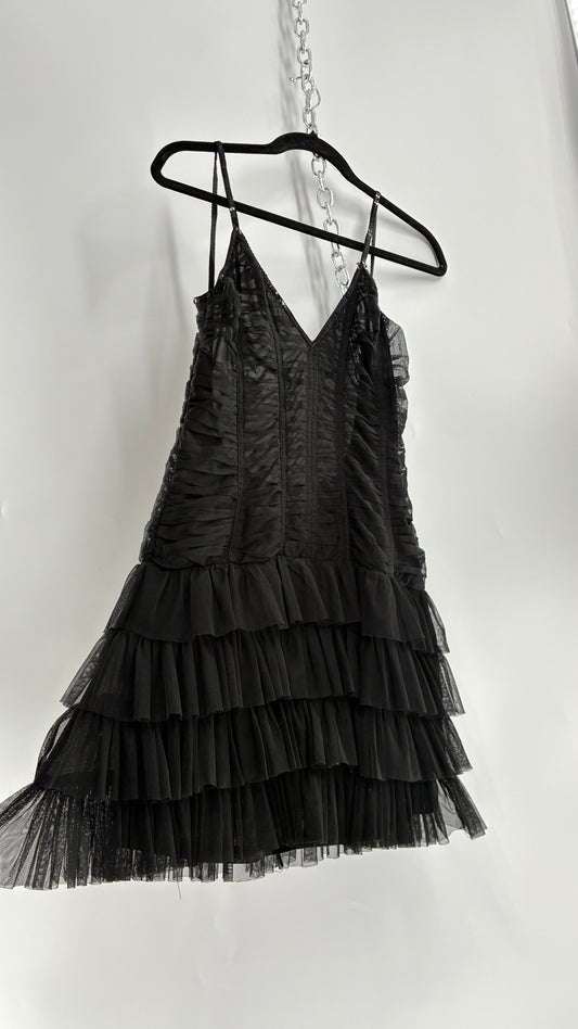 Vintage Black Ruffled Tulle Mini Dress with Low Open Back (8)