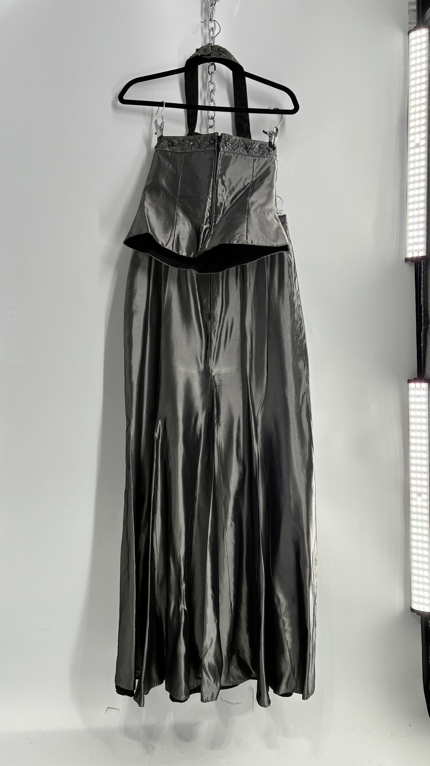 Vintage 1990s Davids Bridal SET Metallic Silver Corseted + Beaded Halter and Full Length Skirt (6Top, 8Skirt)