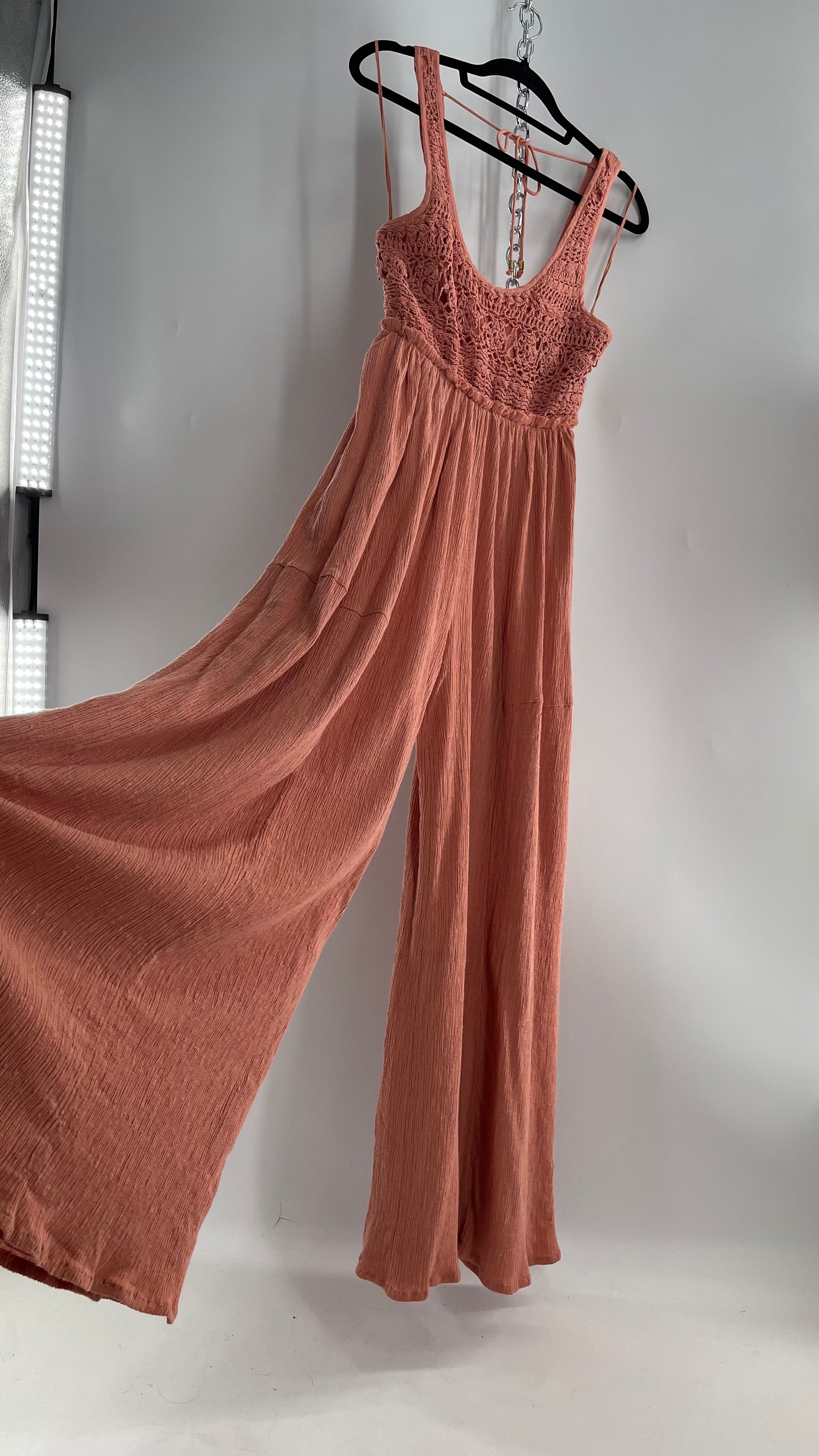 Free People Rose/Peach Pink Wide Leg Jumpsuit with Crochet Bust and Tags Attached (XS)