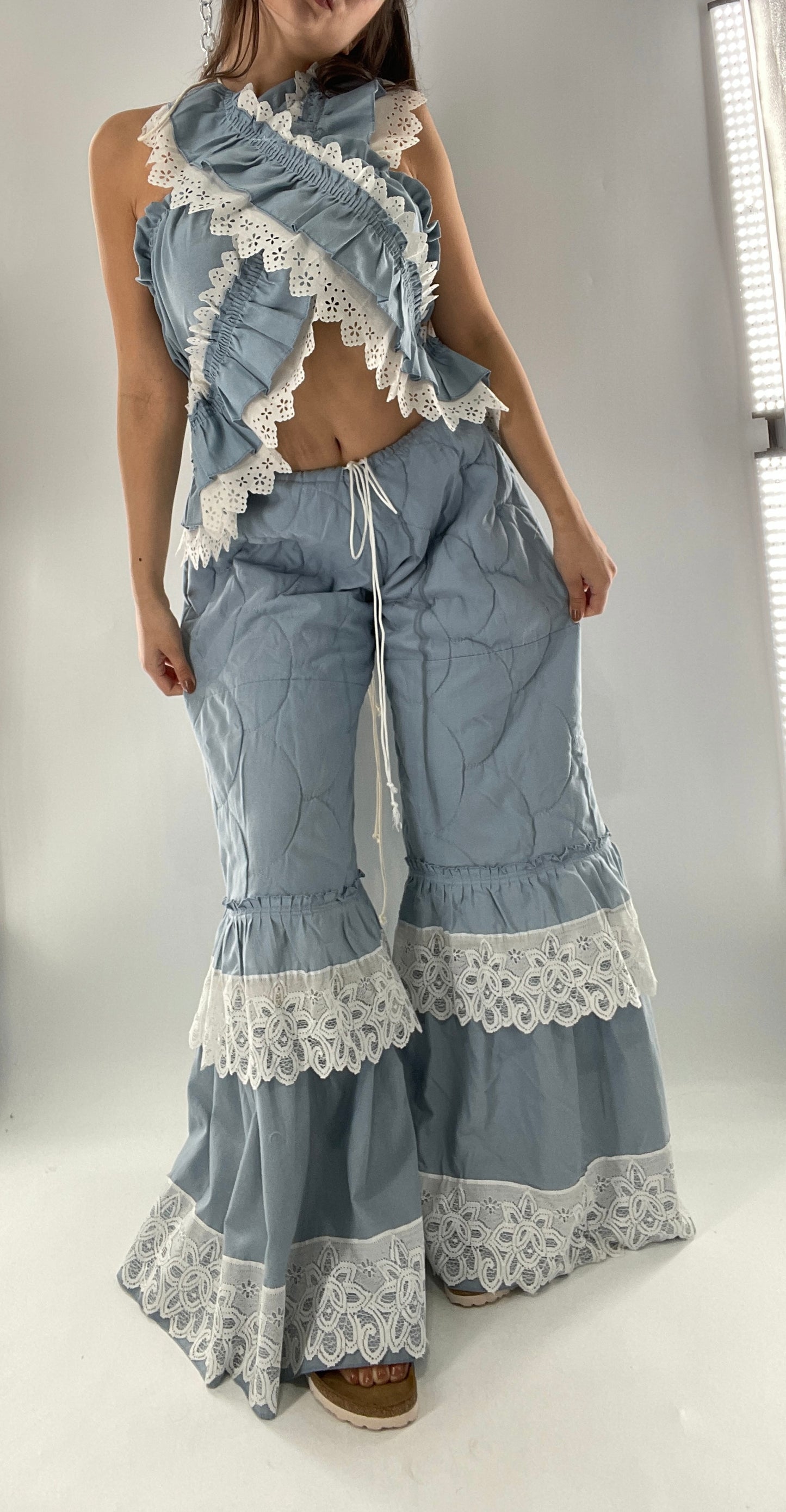 Vintage 2 Piece Powder Blue Set Featuring 2Way Blouse and Quilted Trousers Covered in Ruffles, Lace and Trim (One Size)