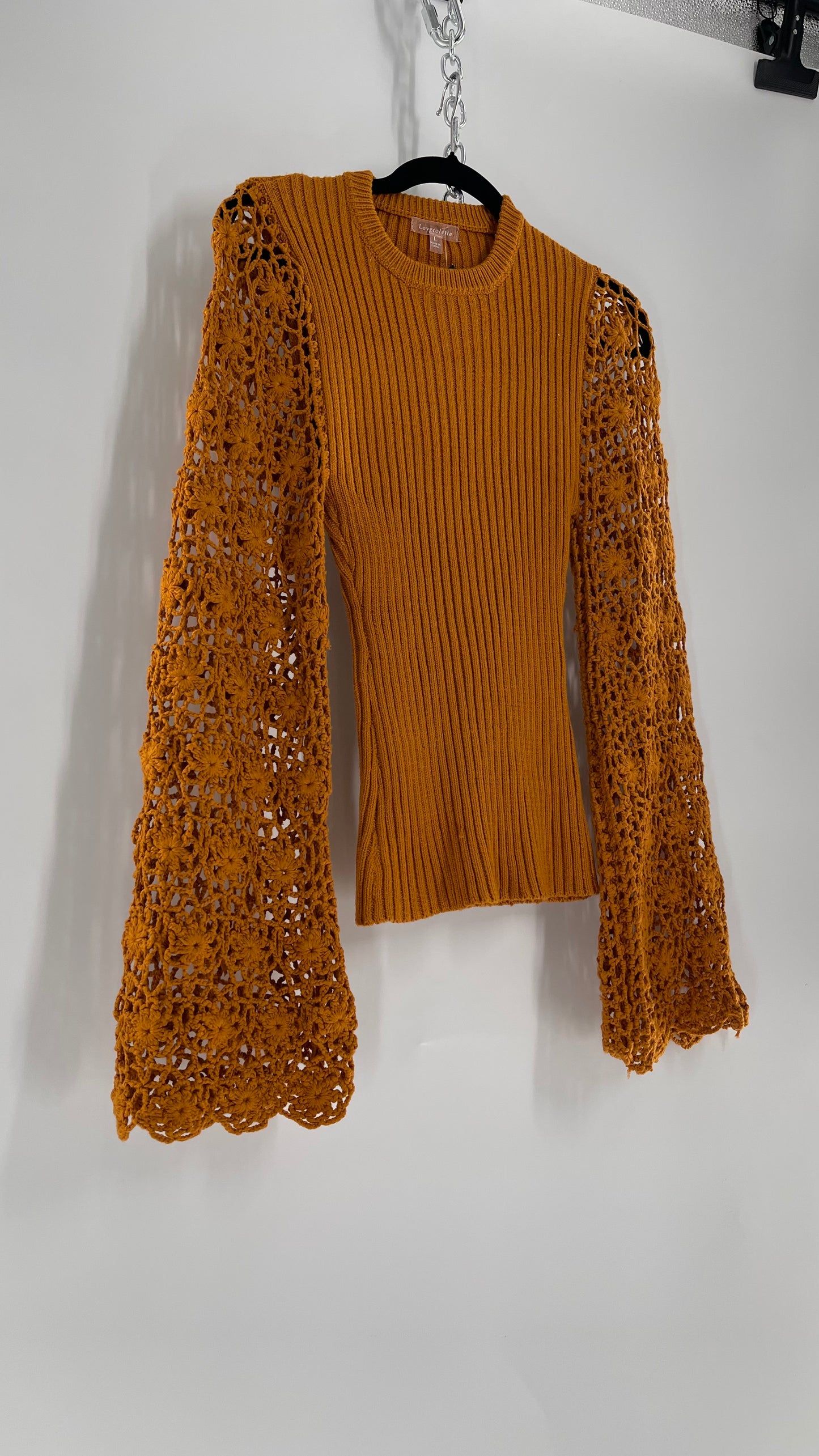 Love Colétte Mustard Sweater with Crochet Bell Sleeve (Large)