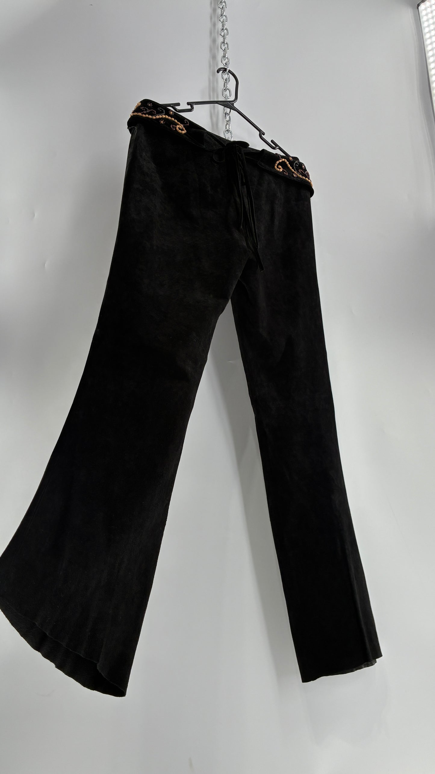 Vintage Margaret Godfrey Black Genuine Suede Leather Kick Flares with Wide Beaded Belt (10)
