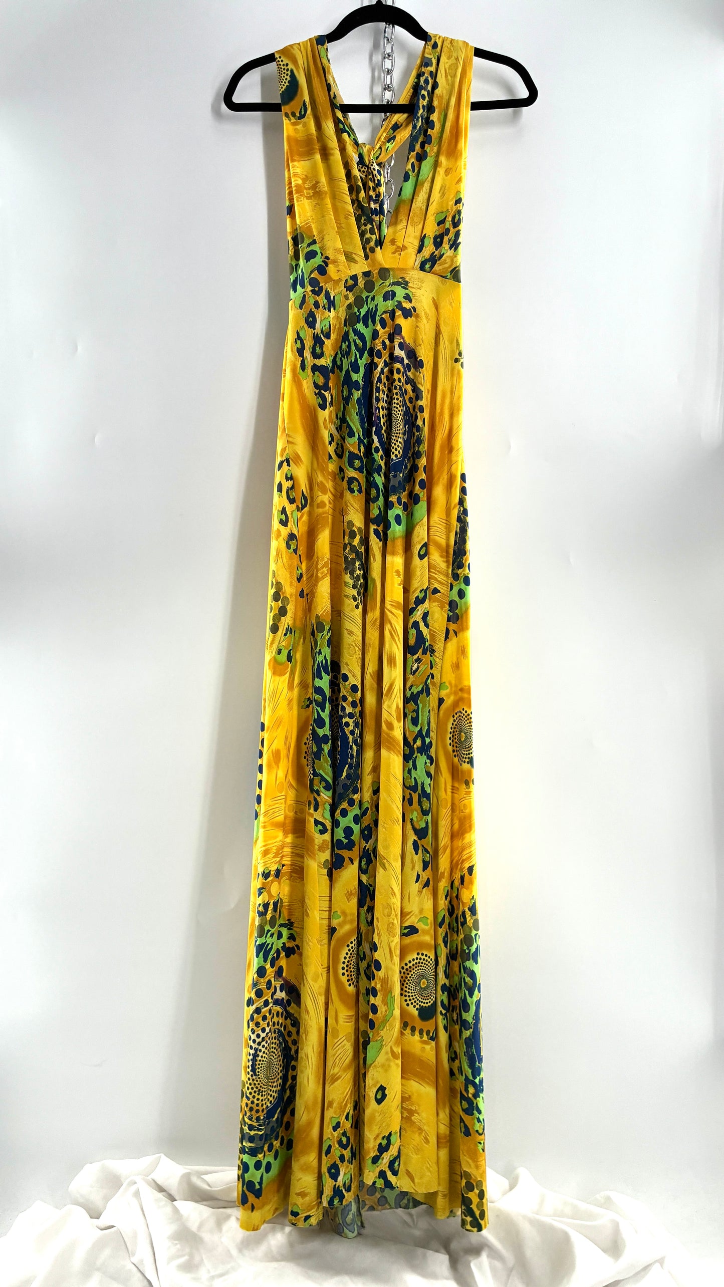 Vintage NARCISA LANG Lycra Full Length, Backless Yellow Dress with Graphic Pattern (XS/S)